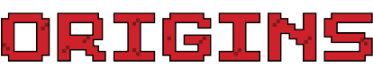 The word ORIGINS written in red pixelated block letters on a white background.
