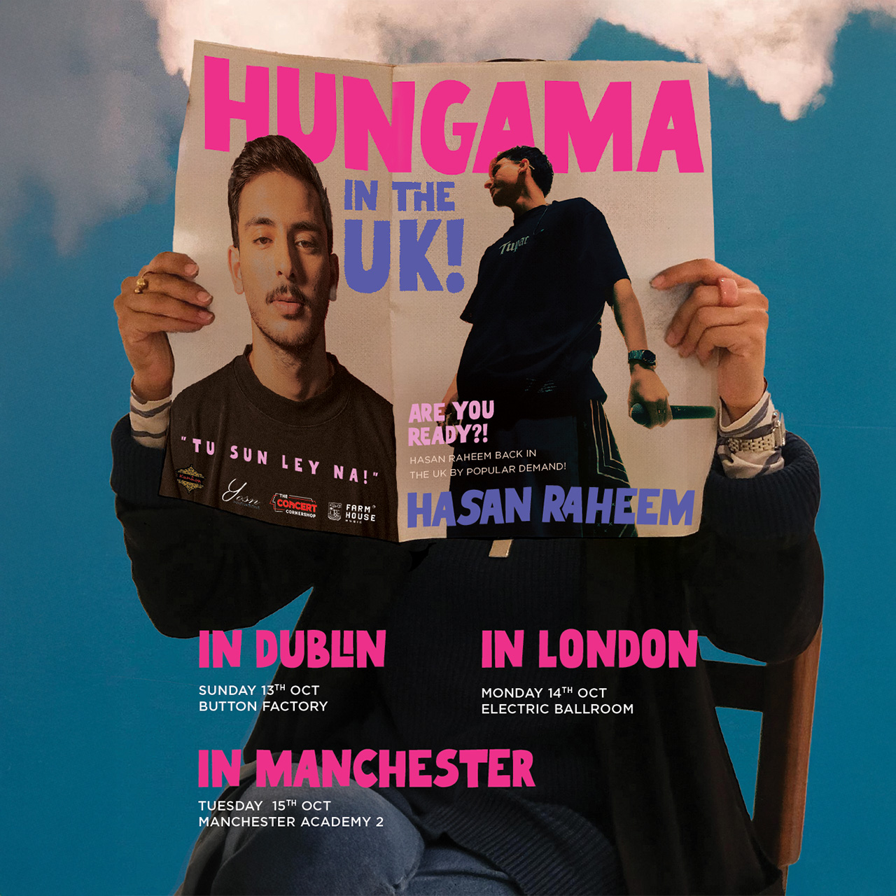 Promotional poster for Hasan Raheem's UK tour shows two portraits of the artist and tour dates in Dublin, London, and Manchester.
