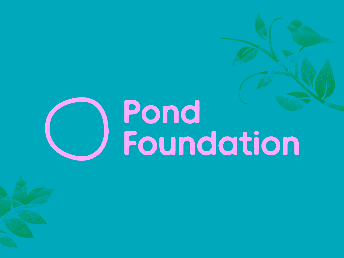 Pond Foundation logo with a white irregular circle and text on a blue background with faint leaf and bird graphics.