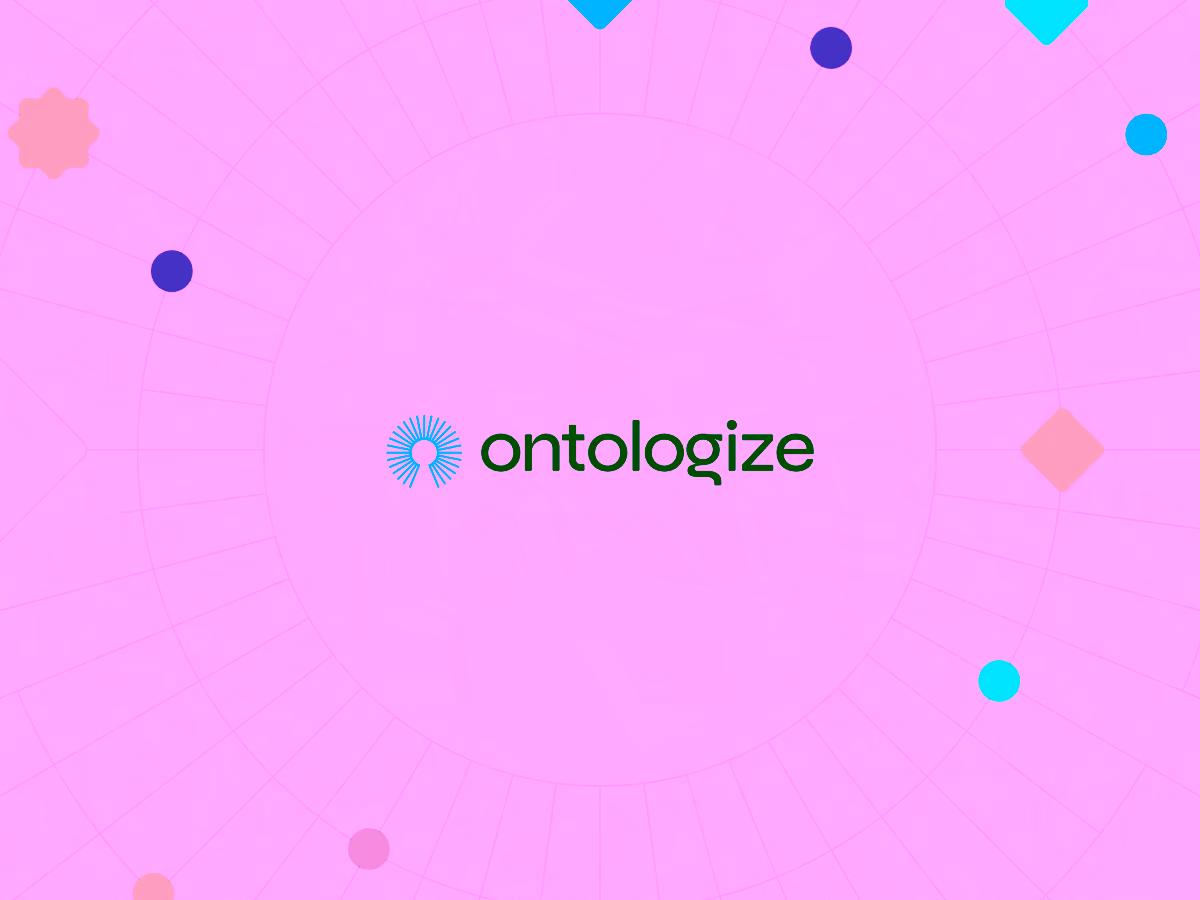 Ontologize logo with blue keyhole icon surrounded by colorful geometric shapes on a circular grid background.