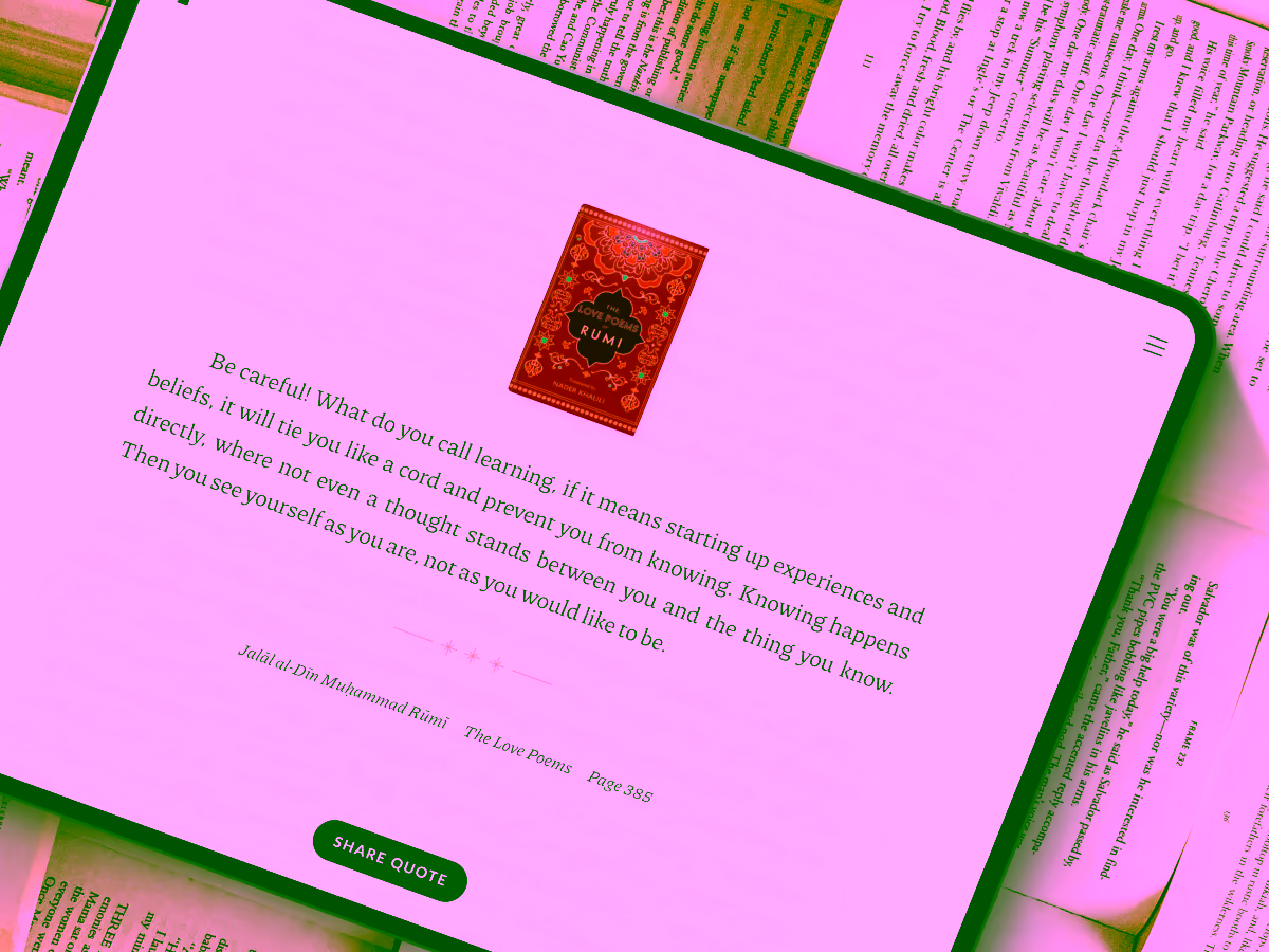 Tablet displaying a quote from Jalāl al-Dīn Muḥammad Rūmī's The Love Poems, with a small red book cover image above the text and a 'Share Quote' button below, on a surface covered with open books.