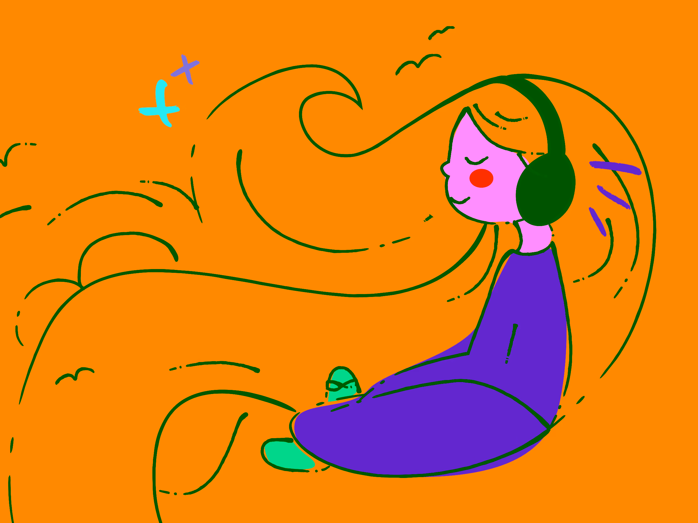 Illustration of a girl with long flowing hair wearing headphones, sitting peacefully with closed eyes on an orange background.