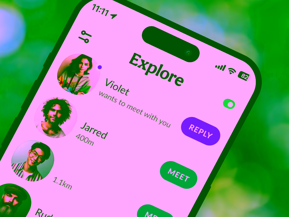 Smartphone screen displaying an Explore section of a social or dating app with profile photos, distances, and buttons to Reply or Meet.