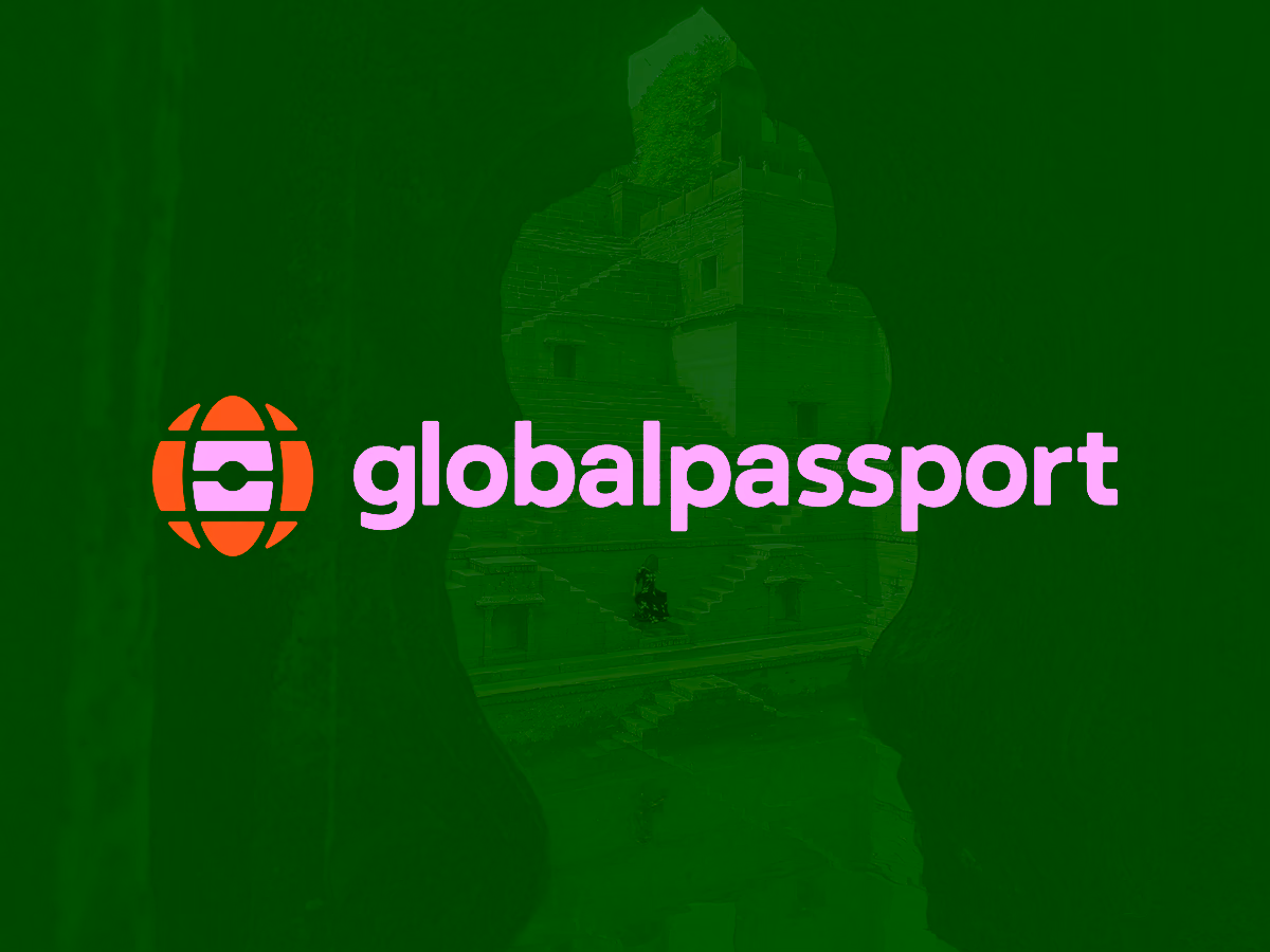 Globalpassport logo displaying an orange globe icon with a passport in the center, overlaid on a photo of an ancient stepped water structure.