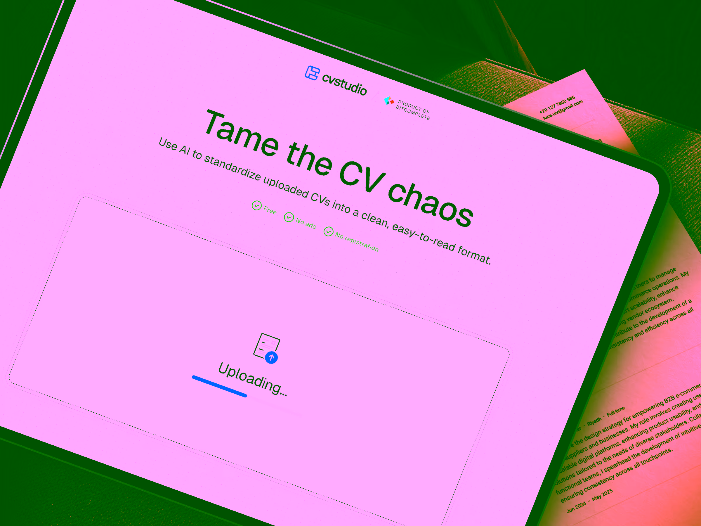 Tablet screen showing CVstudio website with the text 'Tame the CV chaos' and a progress bar indicating a CV is uploading.
