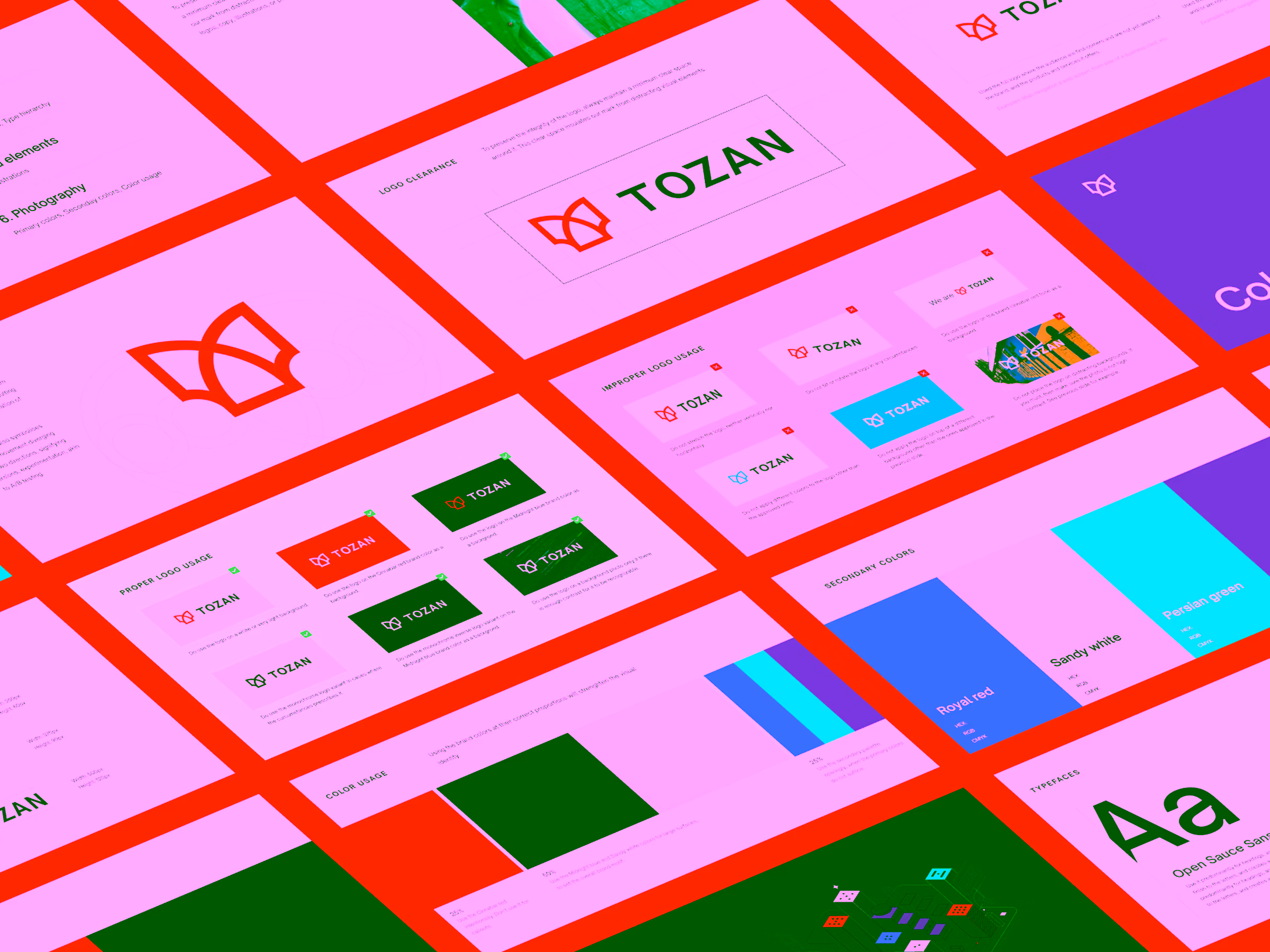 Brand guideline pages for Tozan featuring logo usage, logo clearance, color palette, typography, and proper and improper logo examples.