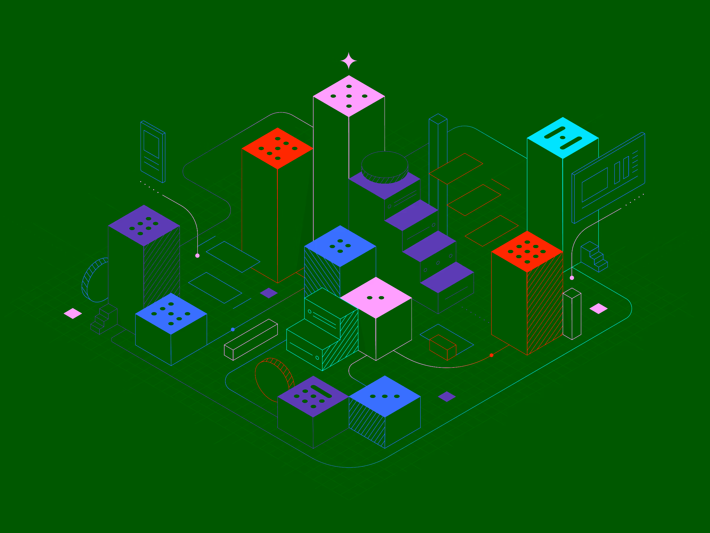 Stylized digital illustration of multicolored 3D blocks and cubes connected by lines on a dark grid background.