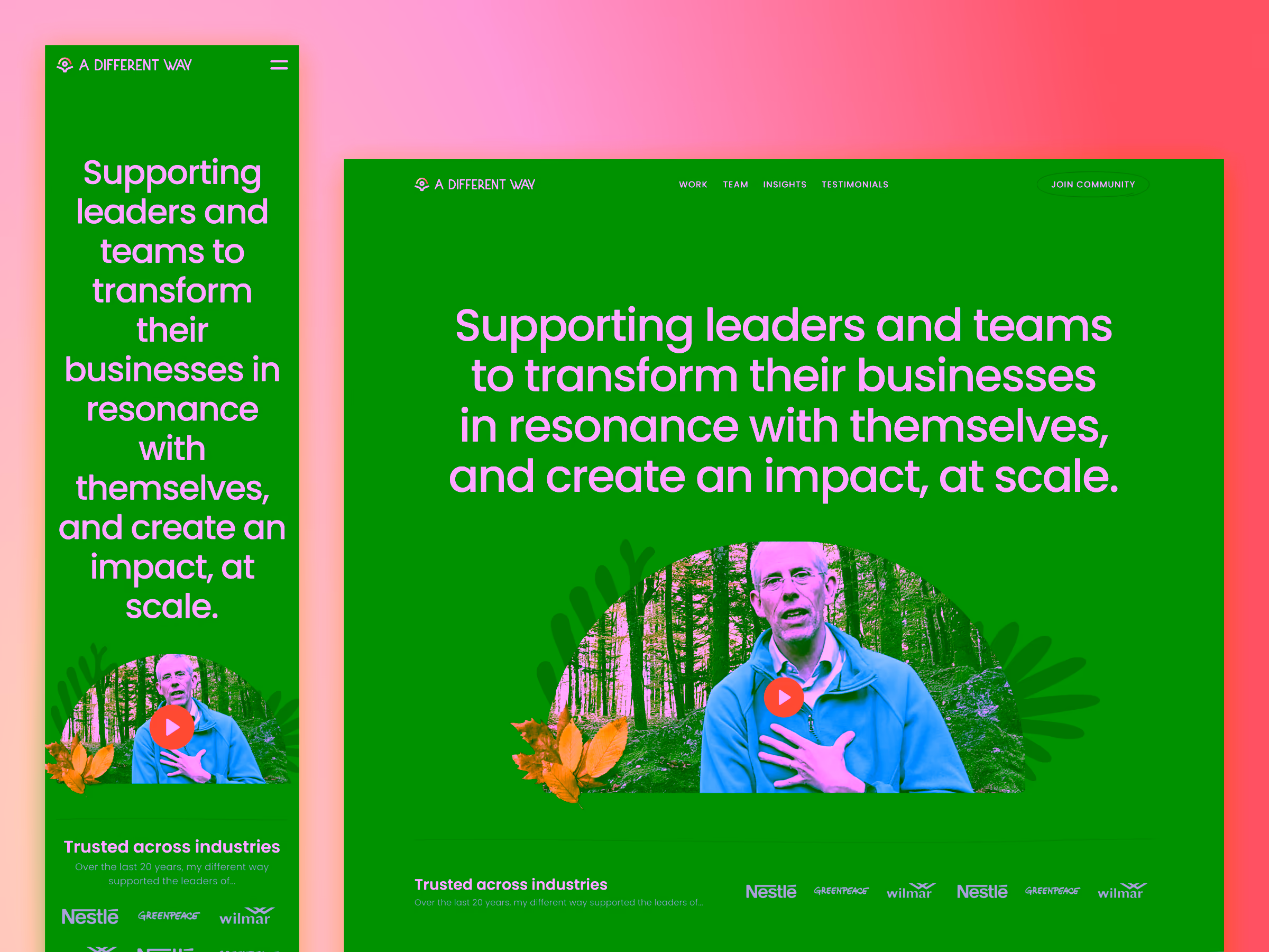 Website homepage showing a man in a blue jacket speaking in a forest setting with text about supporting leaders and teams to transform businesses, and logos of Nestlé, Greenpeace, and Wilmar.