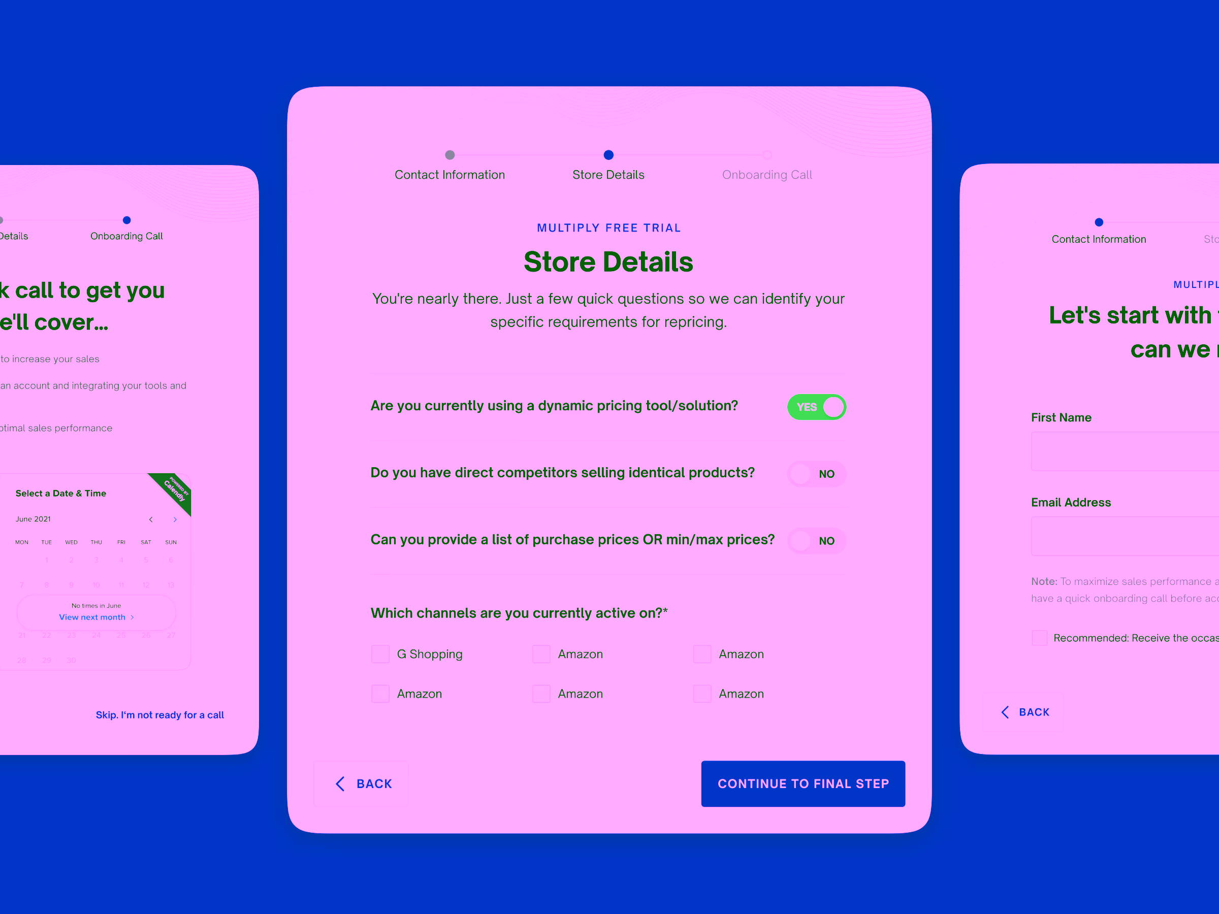 Online form titled Store Details with questions about dynamic pricing tool, competitors, and purchase prices, featuring checkboxes for active sales channels and navigation buttons.