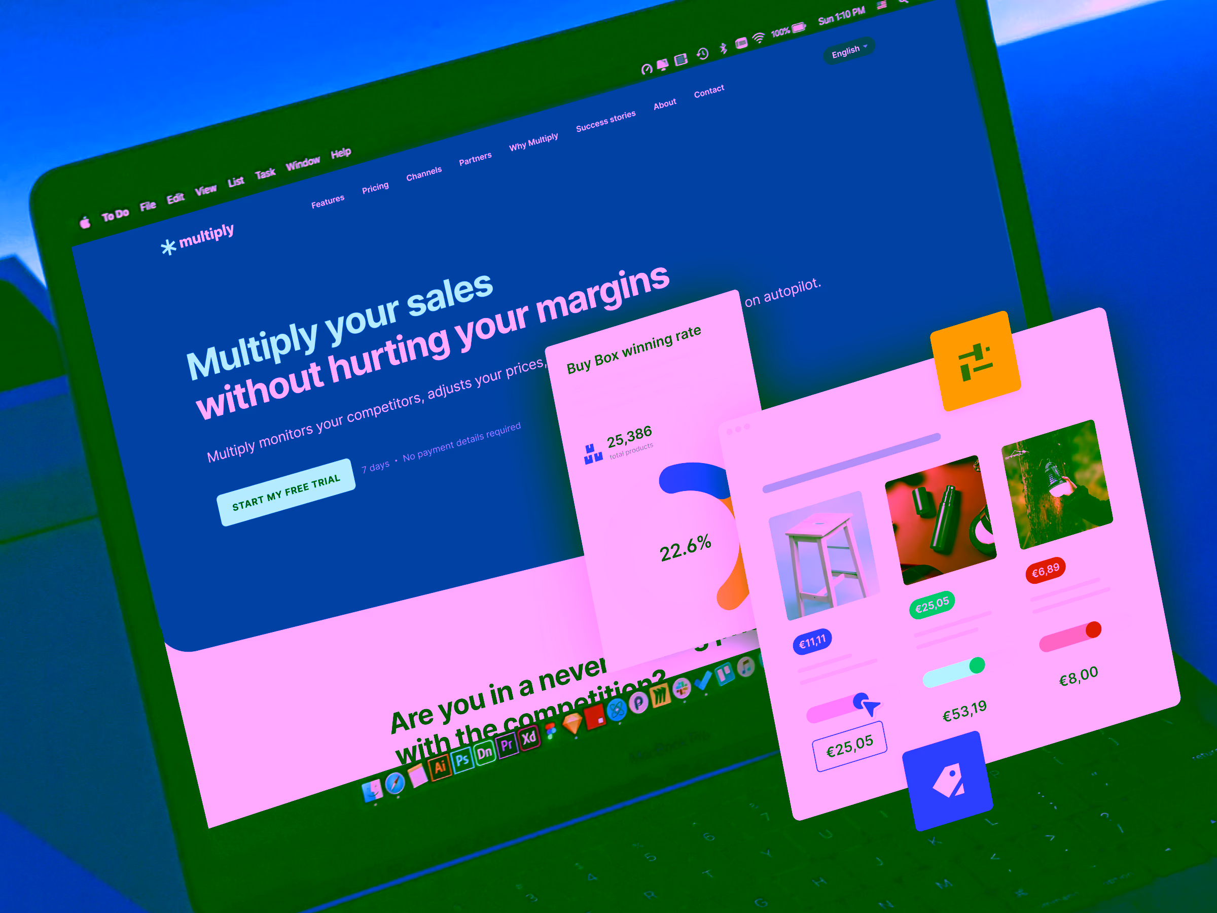Laptop screen displaying Multiply website homepage with text 'Multiply your sales without hurting your margins' and product pricing and analytics interface overlays.