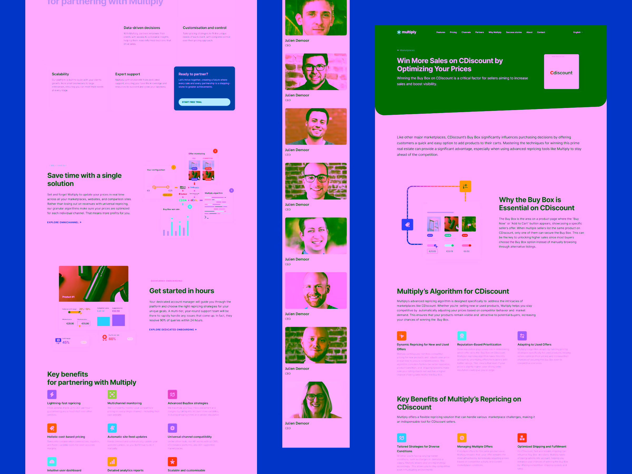 Two-page business document showing benefits and case study of Multiply's repricing solution with testimonial photos of Julien Demoor and graphics illustrating features and algorithms for CDiscount sales optimization.