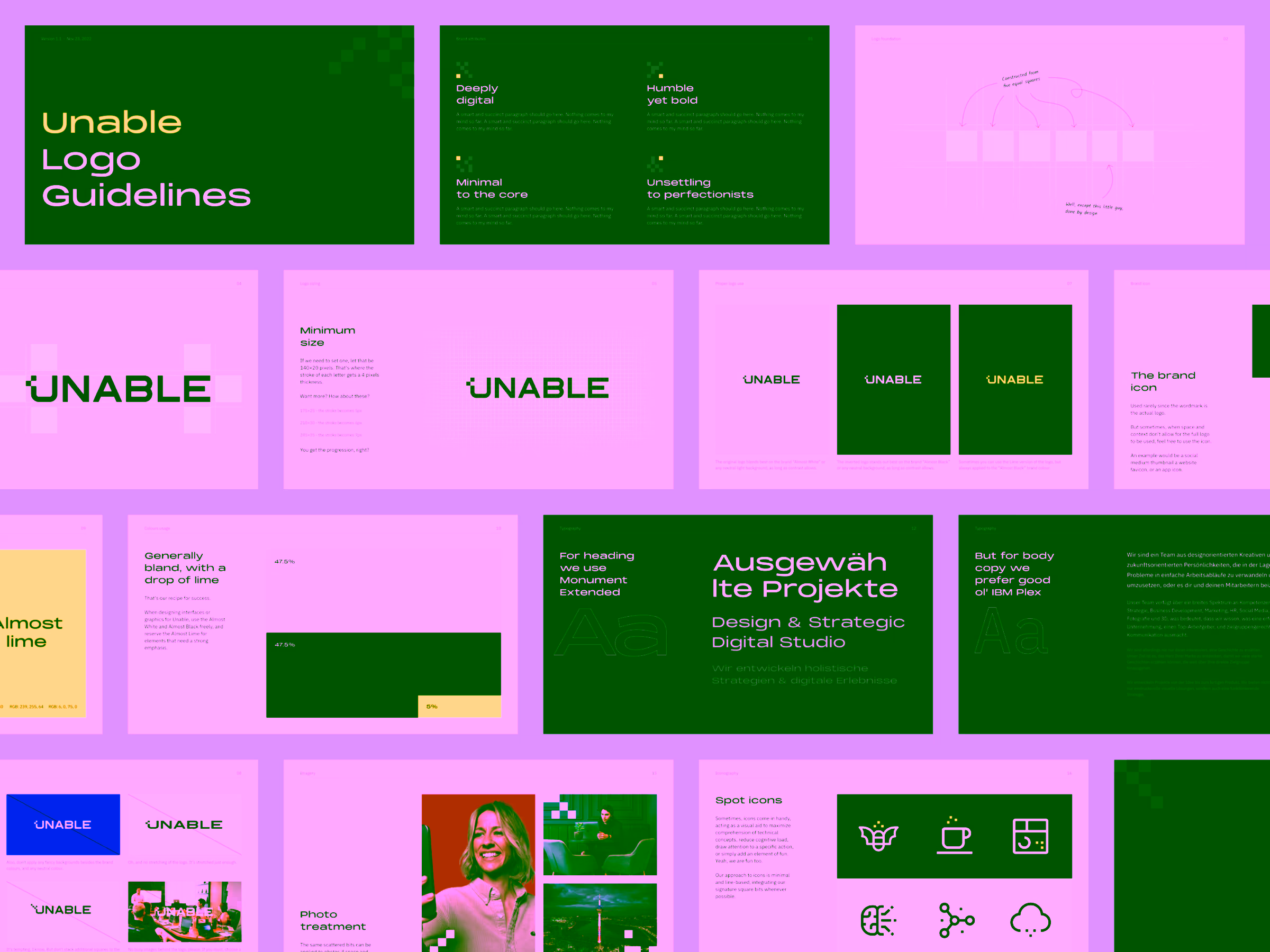 A multi-panel brand guideline presentation for 'Unable' showing logo usage, sizing, typography, color usage, iconography, and photo treatment examples.