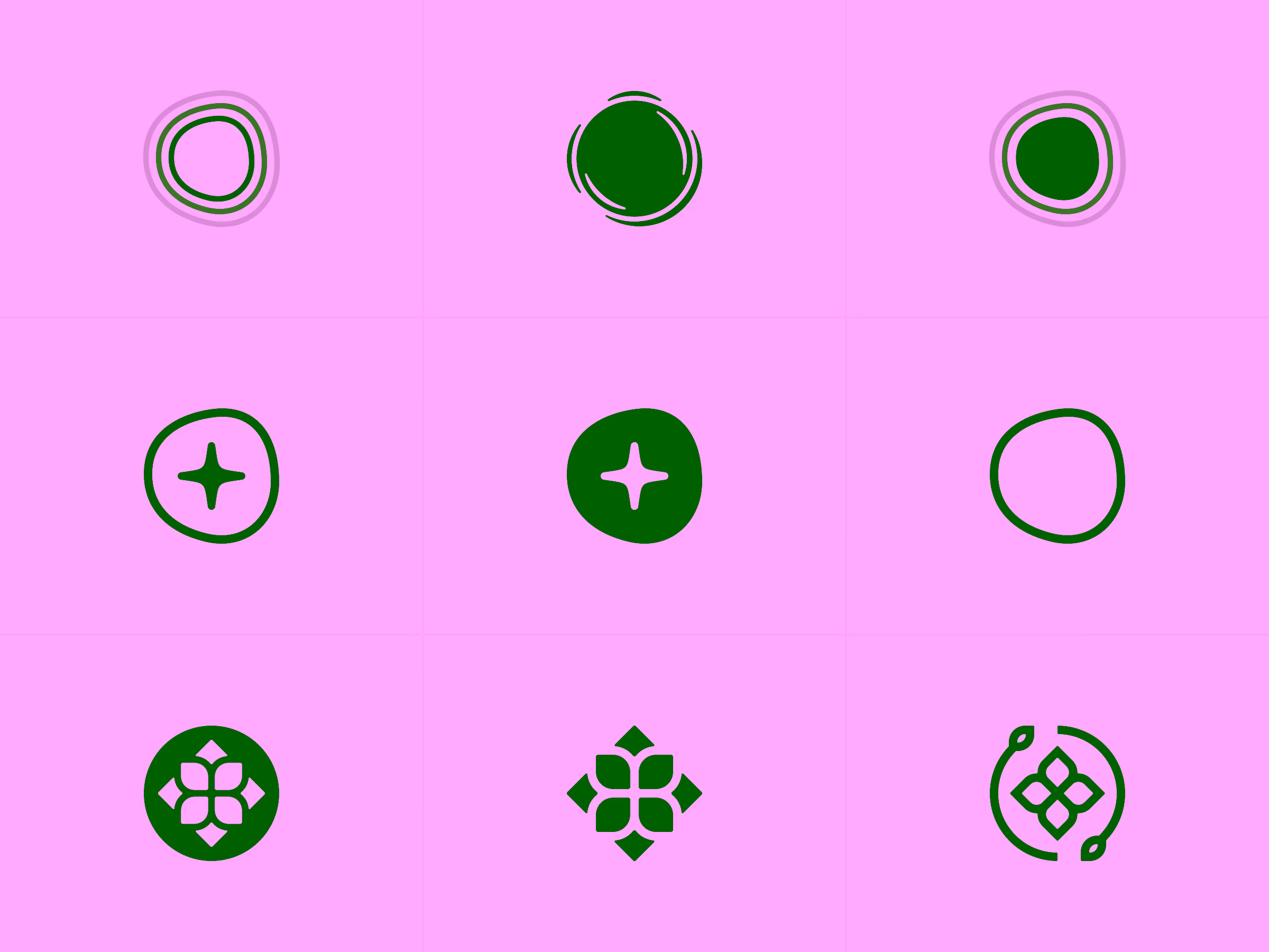 Grid of nine abstract black and white organic shapes including circles, stars, and floral patterns on a light background.