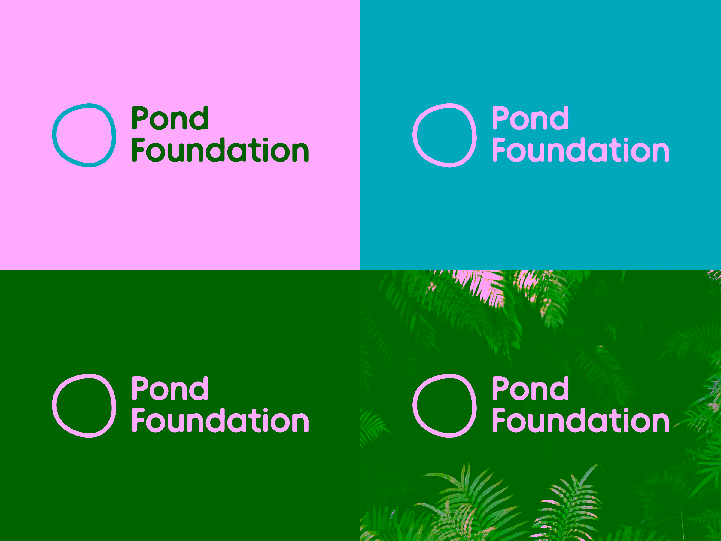 Four variations of the Pond Foundation logo with a hand-drawn circle and text, displayed on white, blue, dark, and foliage backgrounds.