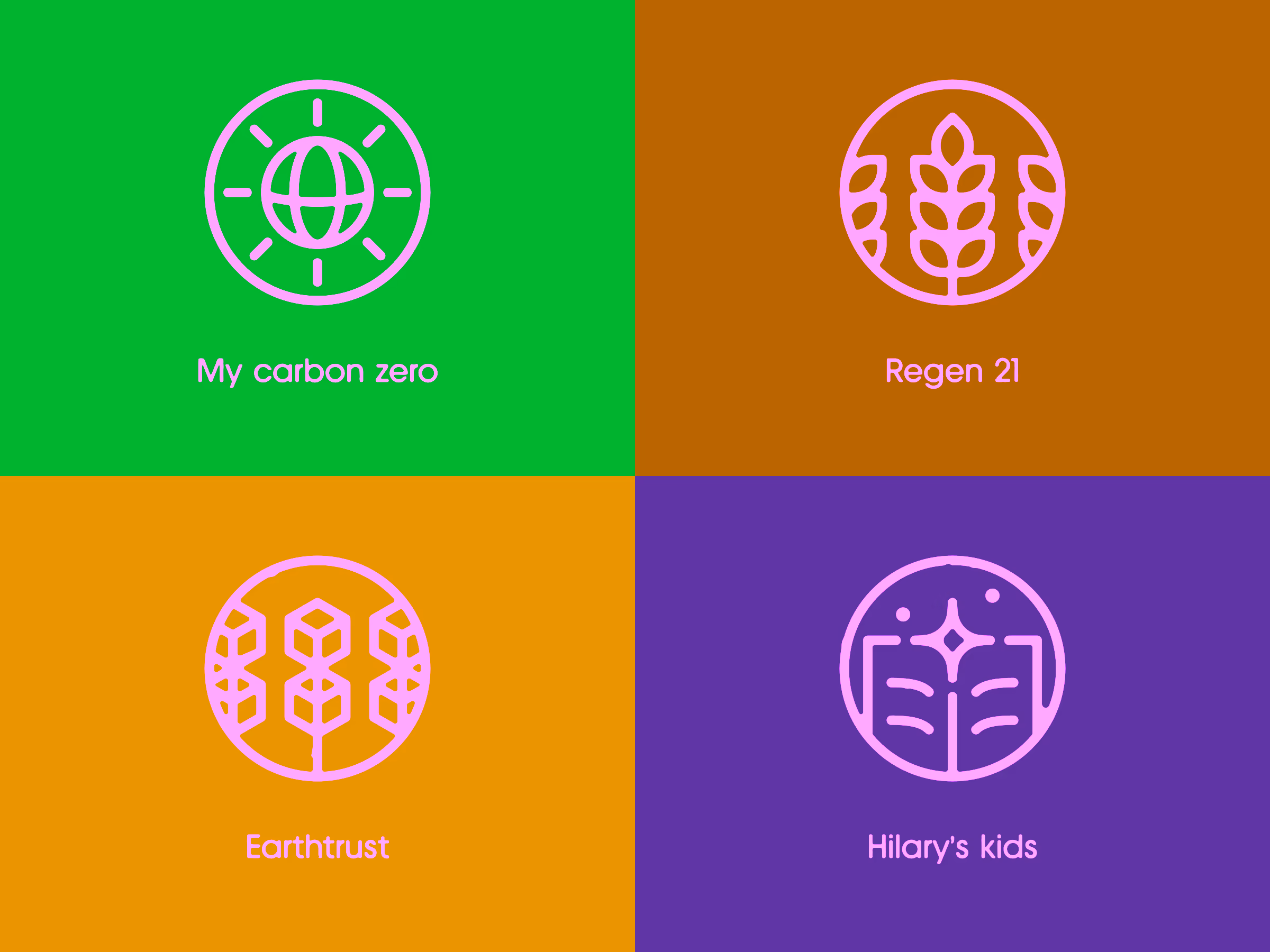 Four environmental and social initiative icons with names: a globe with rays labeled My carbon zero on green, wheat stalk labeled Regen 21 on brown, stylized trees labeled Earthtrust on yellow, and an open book with sparkles labeled Hilary's kids on purple.