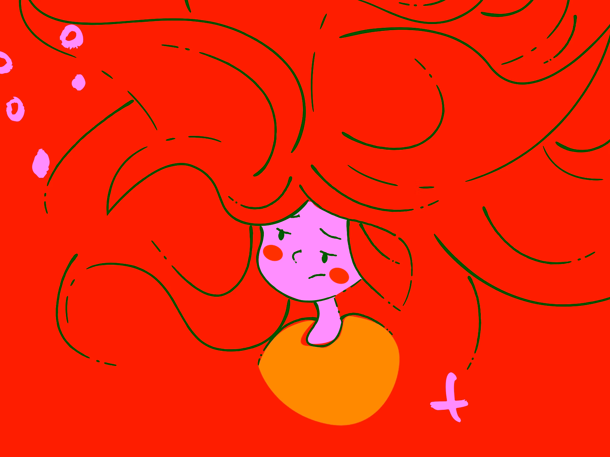 Illustration of a sad girl with long flowing red hair and rosy cheeks wearing a yellow top on a red background.