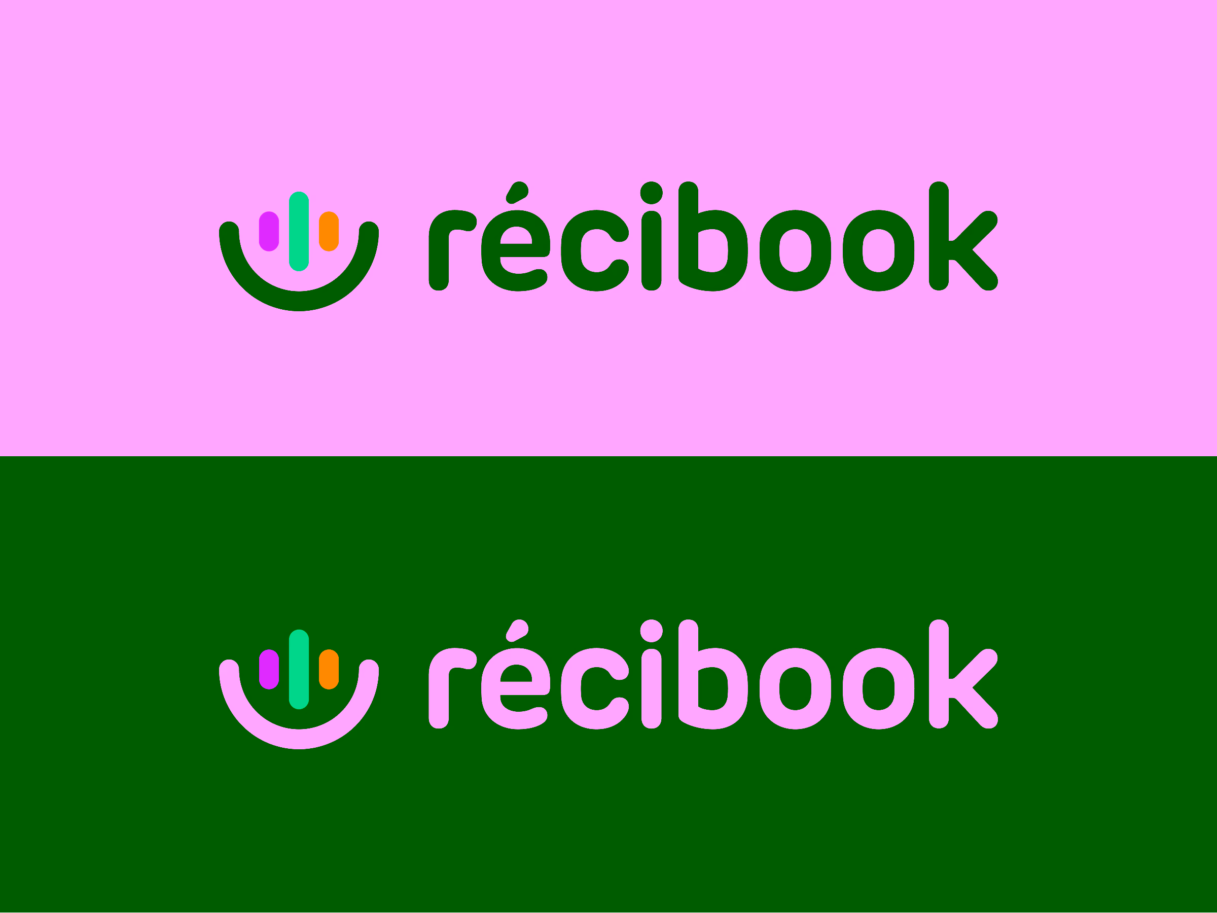 Two variations of the Récibook logo with a stylized smile and three vertical bars in purple, green, and orange beside the text récibook.