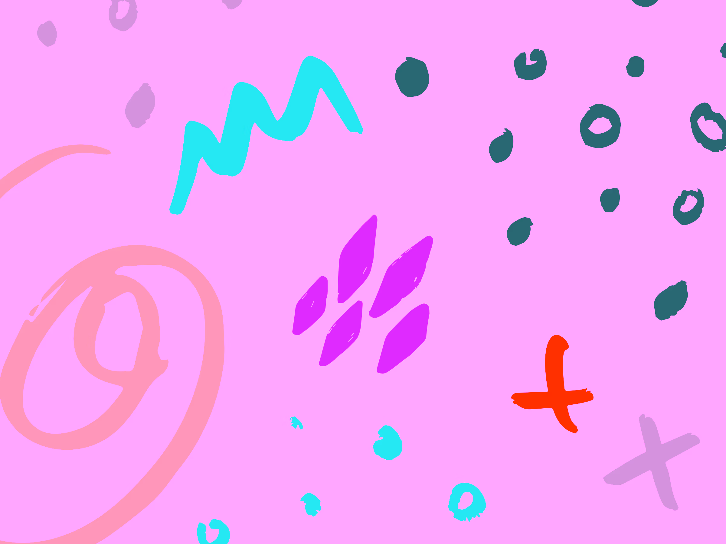 Abstract pattern with colorful shapes including a large yellow spiral, green zigzag, purple diamond clusters, and scattered crosses and dots on a beige background.