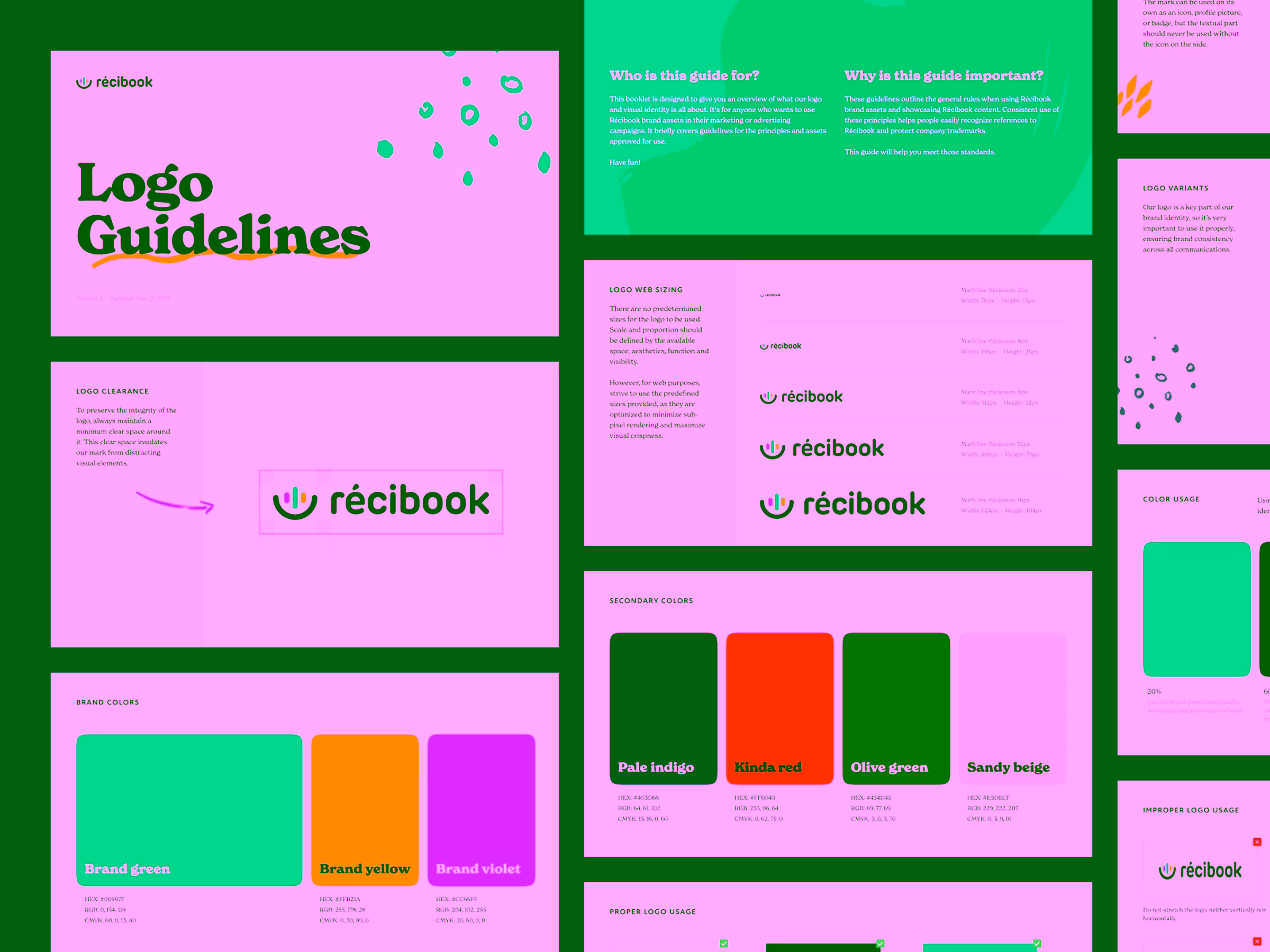Récibook logo guidelines showing logo usage, clearance, web sizing, brand and secondary color palettes with HEX and RGB values.
