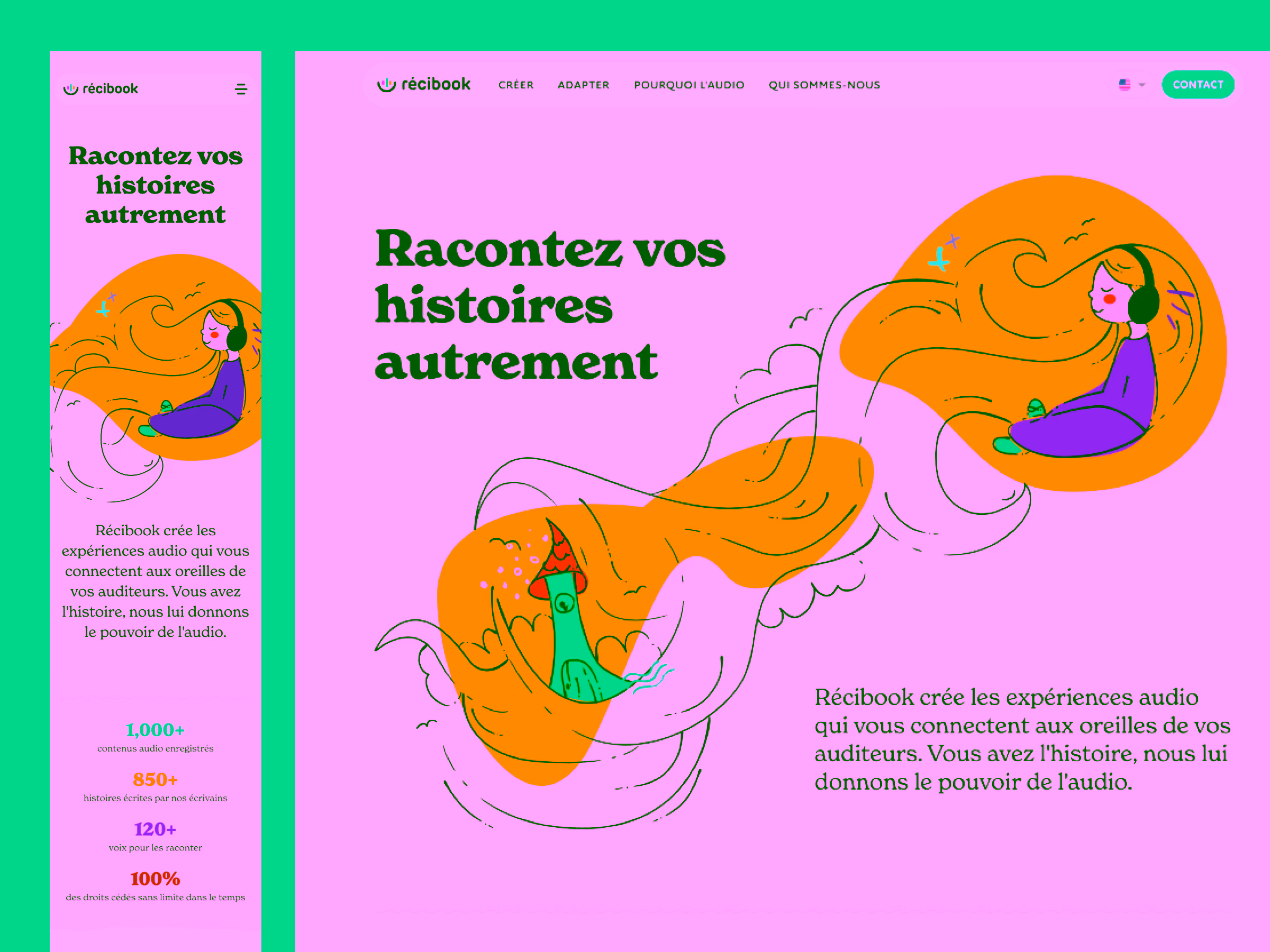 Website landing page for Récibook showing a girl with headphones and a bird connected by flowing audio waves, with French text about creating audio experiences.
