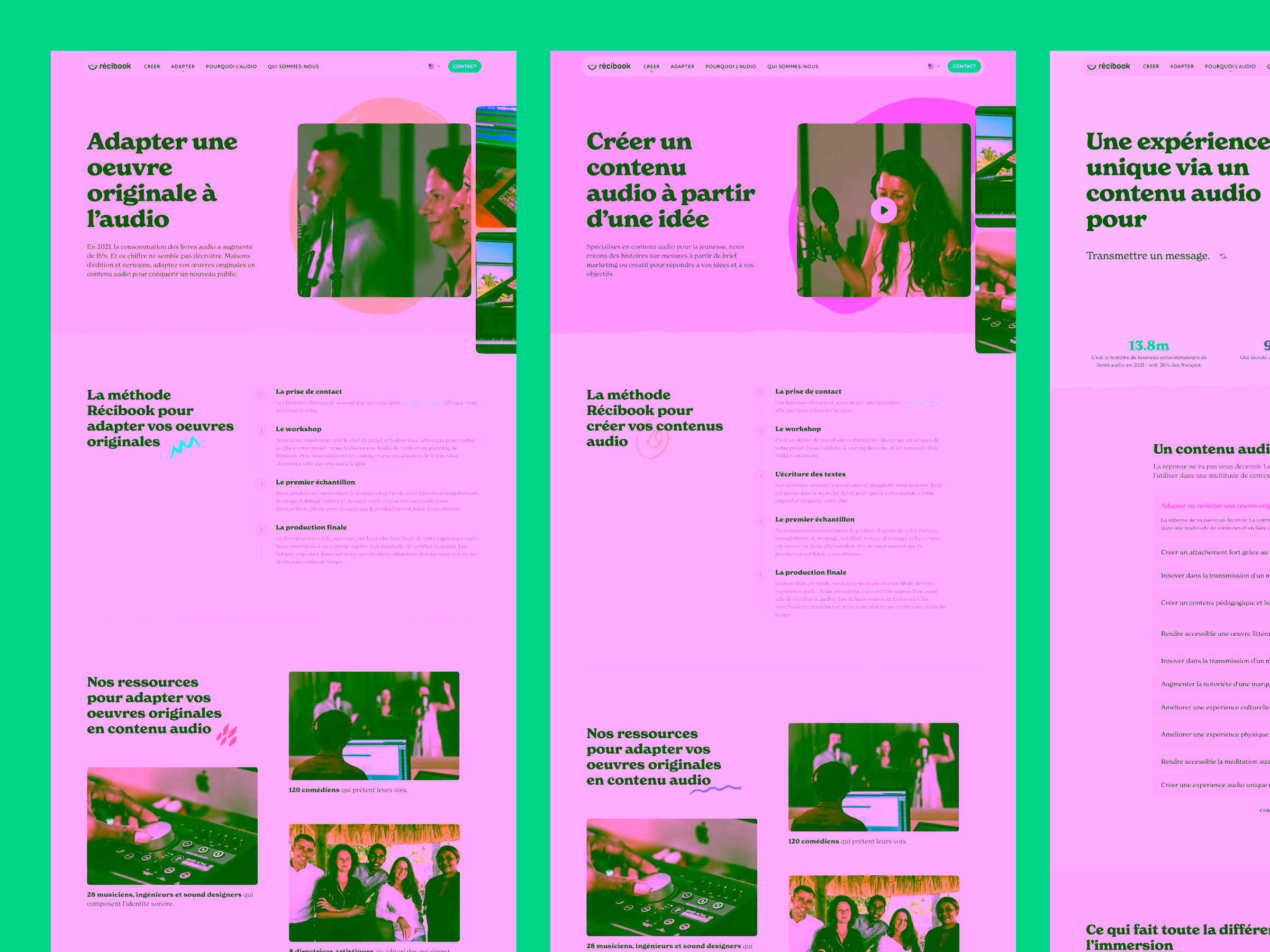 Three side-by-side webpage sections in French outlining Recibook's audio content services with images of people recording audio in studios.