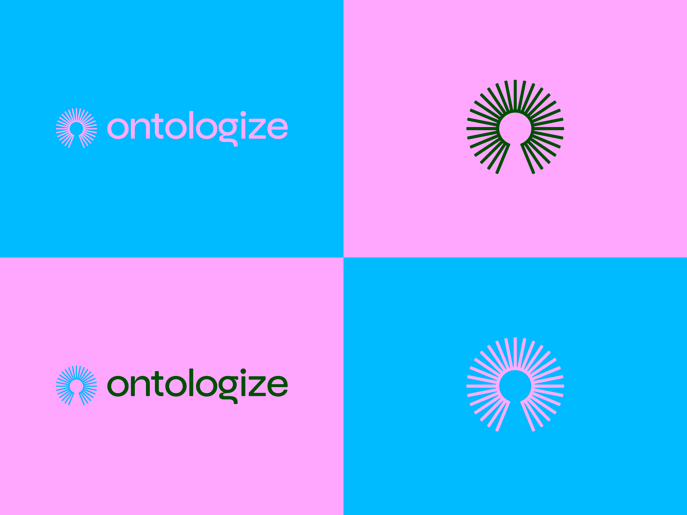 Ontologize logo displayed in four variations with blue and gray backgrounds, featuring a circular keyhole design and the word 'ontologize'.