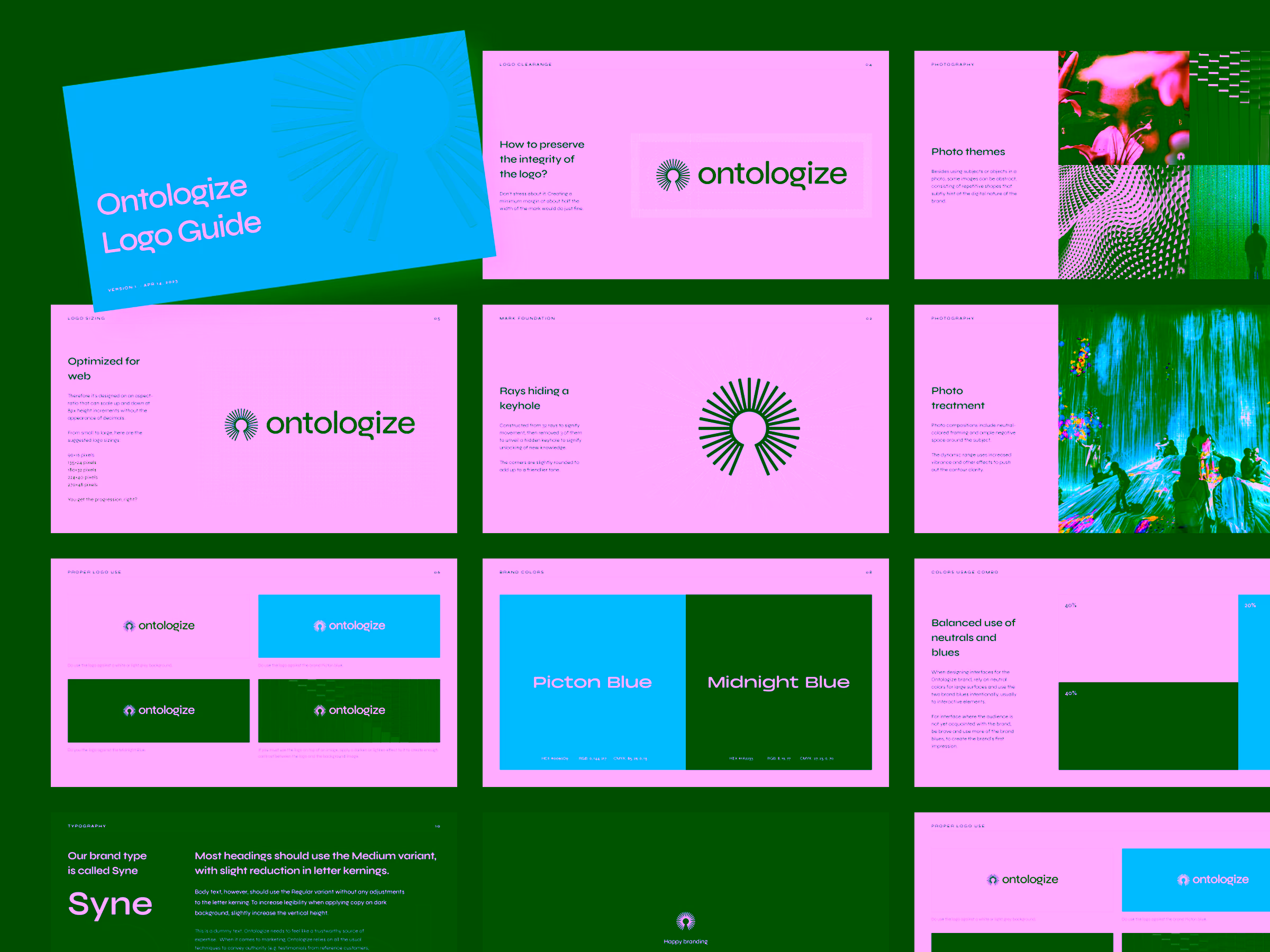 A brand guideline presentation for Ontologize showing logo usage, photo themes, color palettes, typography, and design principles across multiple pages.