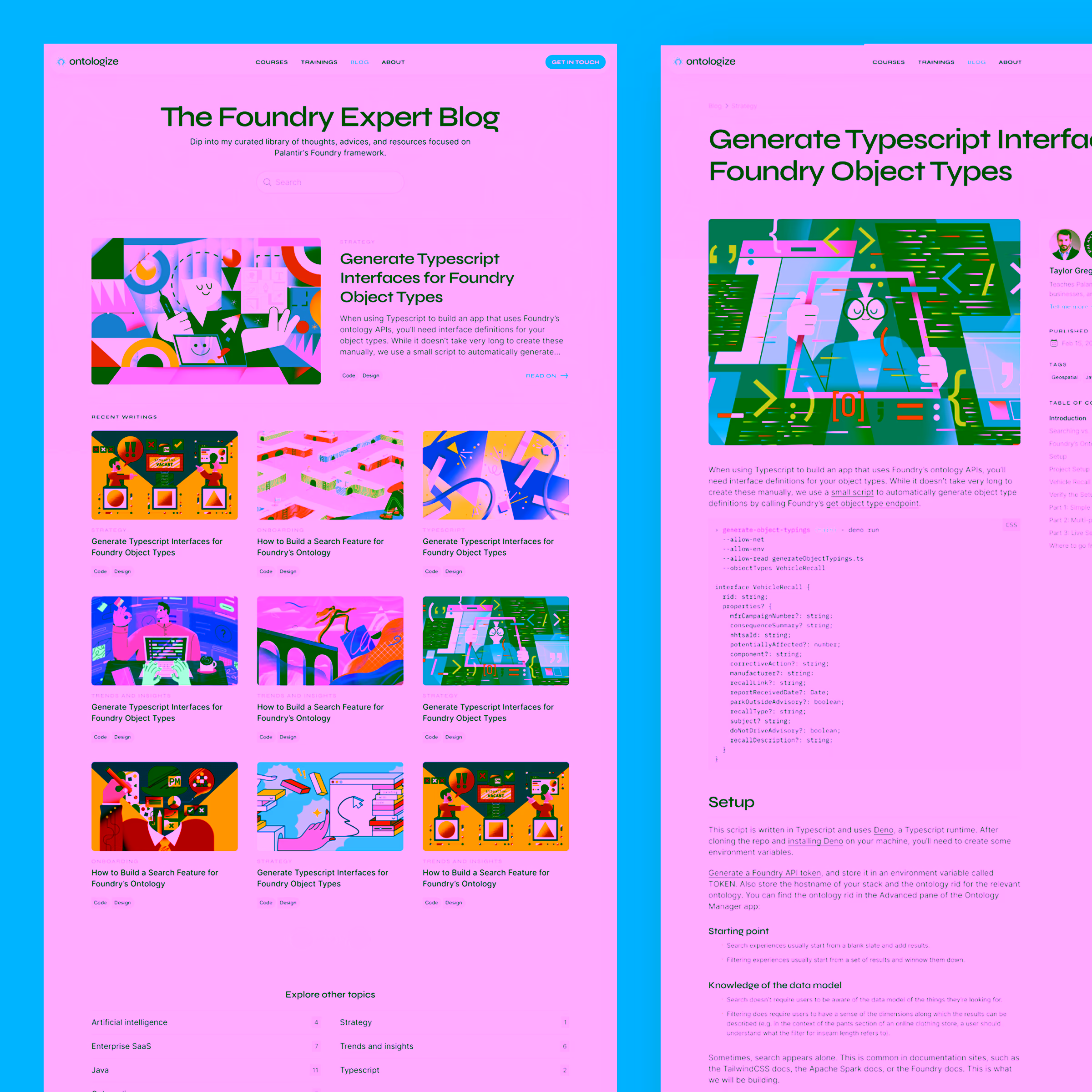 Ontologize blog homepage displaying articles about generating Typescript interfaces for Foundry object types with colorful illustrations and code snippets.
