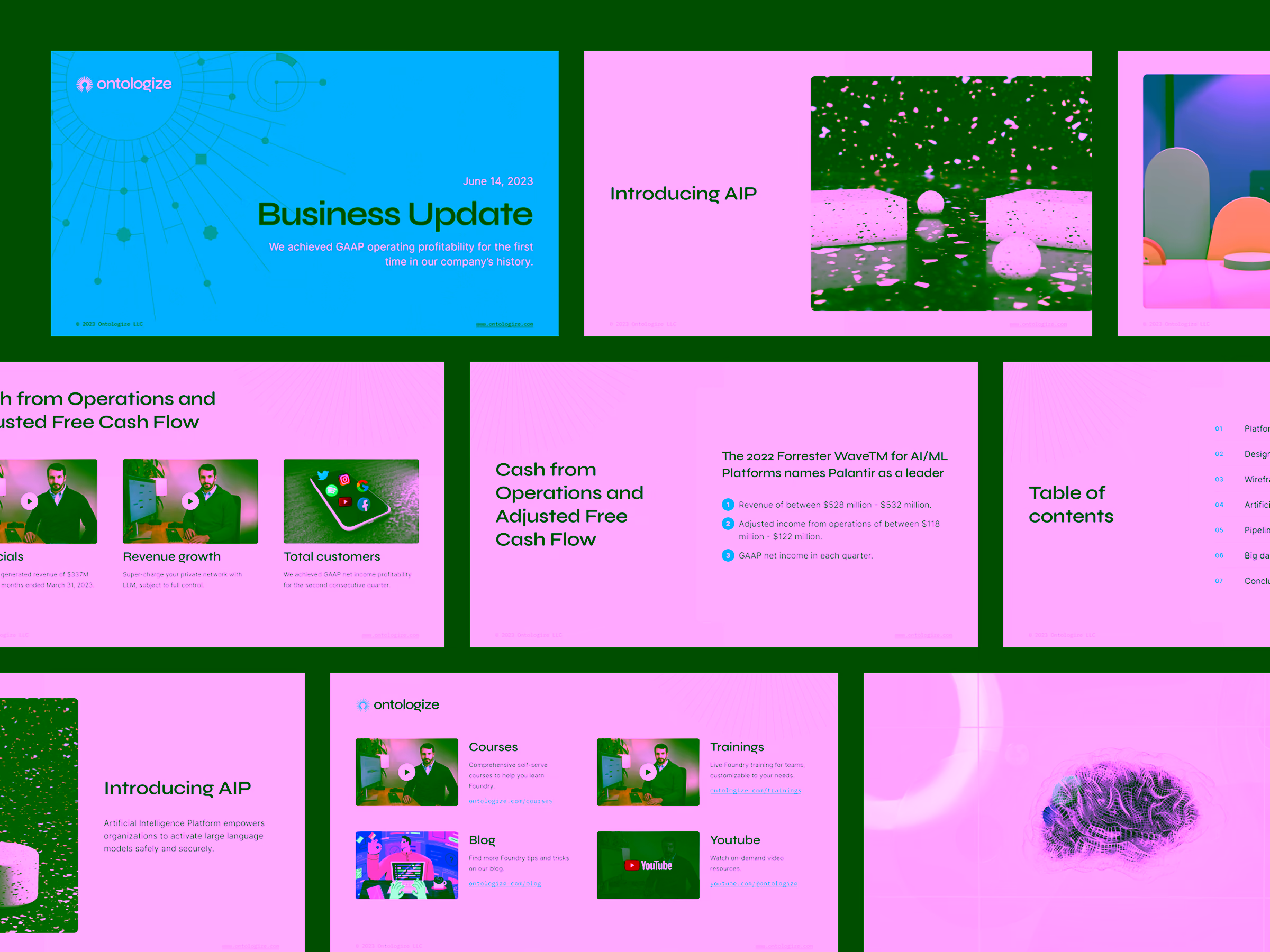 A set of presentation slides titled 'Business Update' by Ontologize, showing topics including introducing AIP, cash from operations, adjusted free cash flow, Forrester AI/ML platform ranking, table of contents, courses, trainings, blog, and YouTube resources.