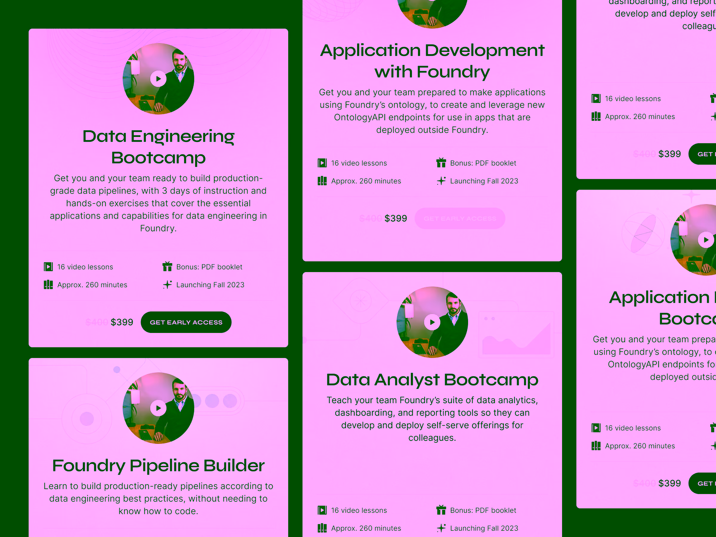 Four bootcamp program descriptions from Foundry including Data Engineering Bootcamp, Application Development with Foundry, Foundry Pipeline Builder, and Data Analyst Bootcamp, each with a thumbnail video image, lesson count, duration, and launch details.
