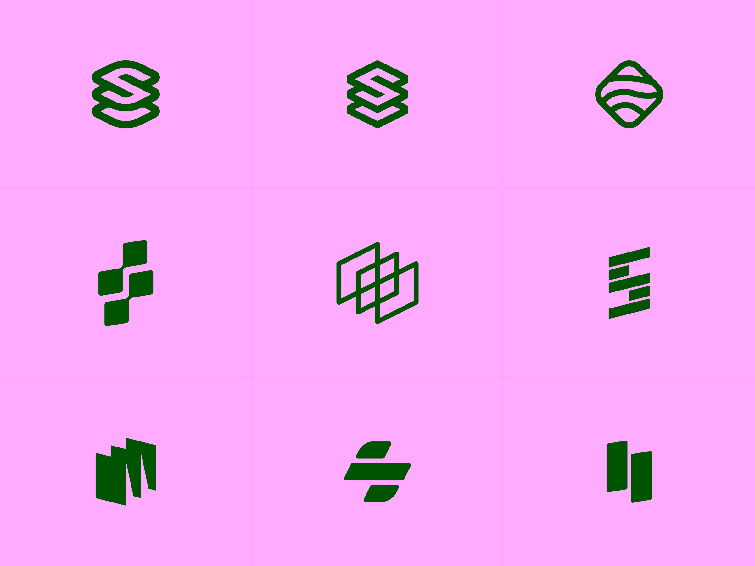 Nine abstract black logos arranged in a 3x3 grid, featuring geometric shapes and layered designs on a white background.