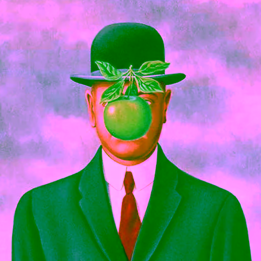 Surreal painting of a man in a suit and bowler hat with a large green apple obscuring his face.