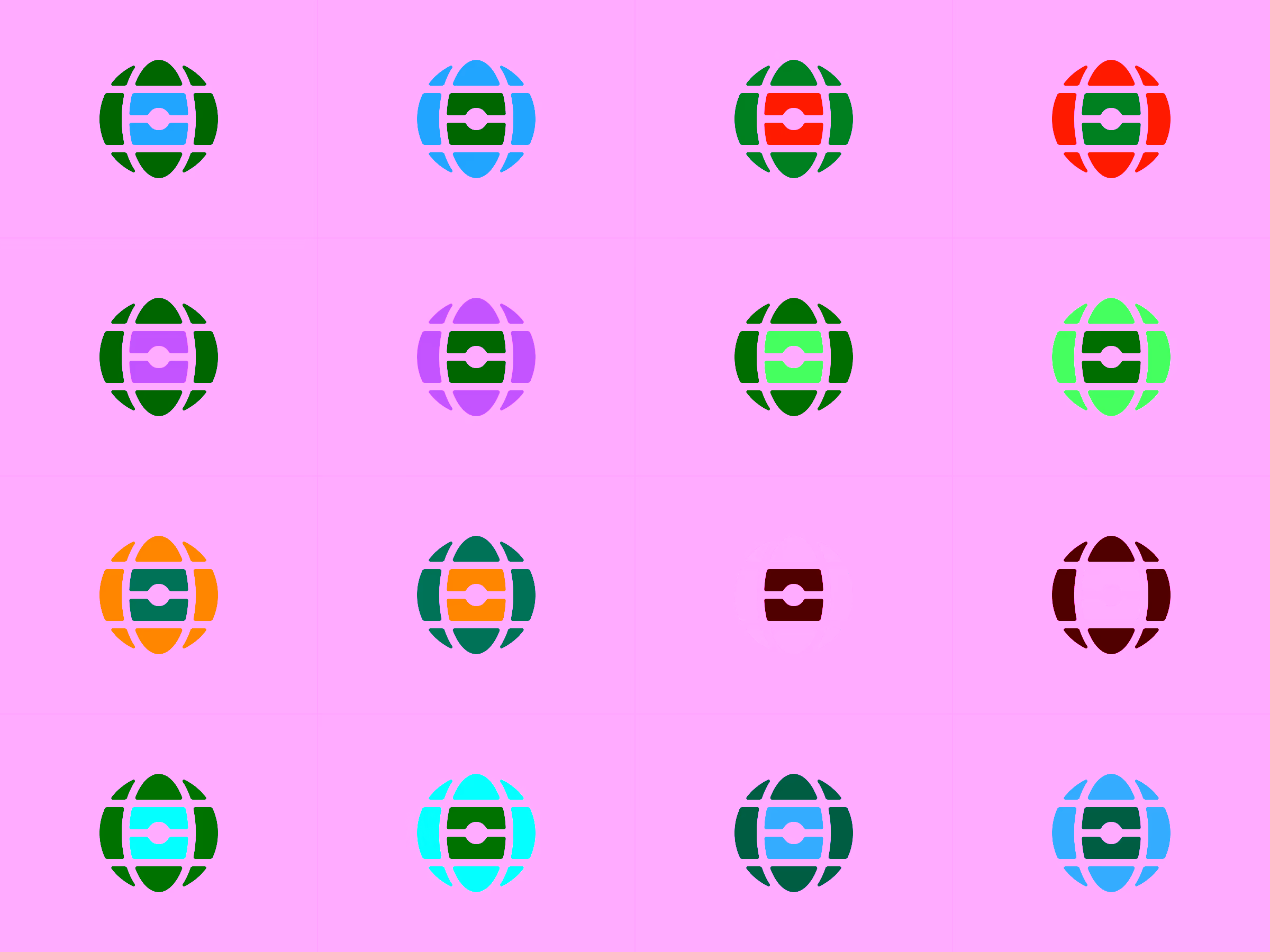 Grid of sixteen circular globe icons with a central horizontal band and dot, each in different color combinations including blue, red, purple, green, orange, teal, and violet.