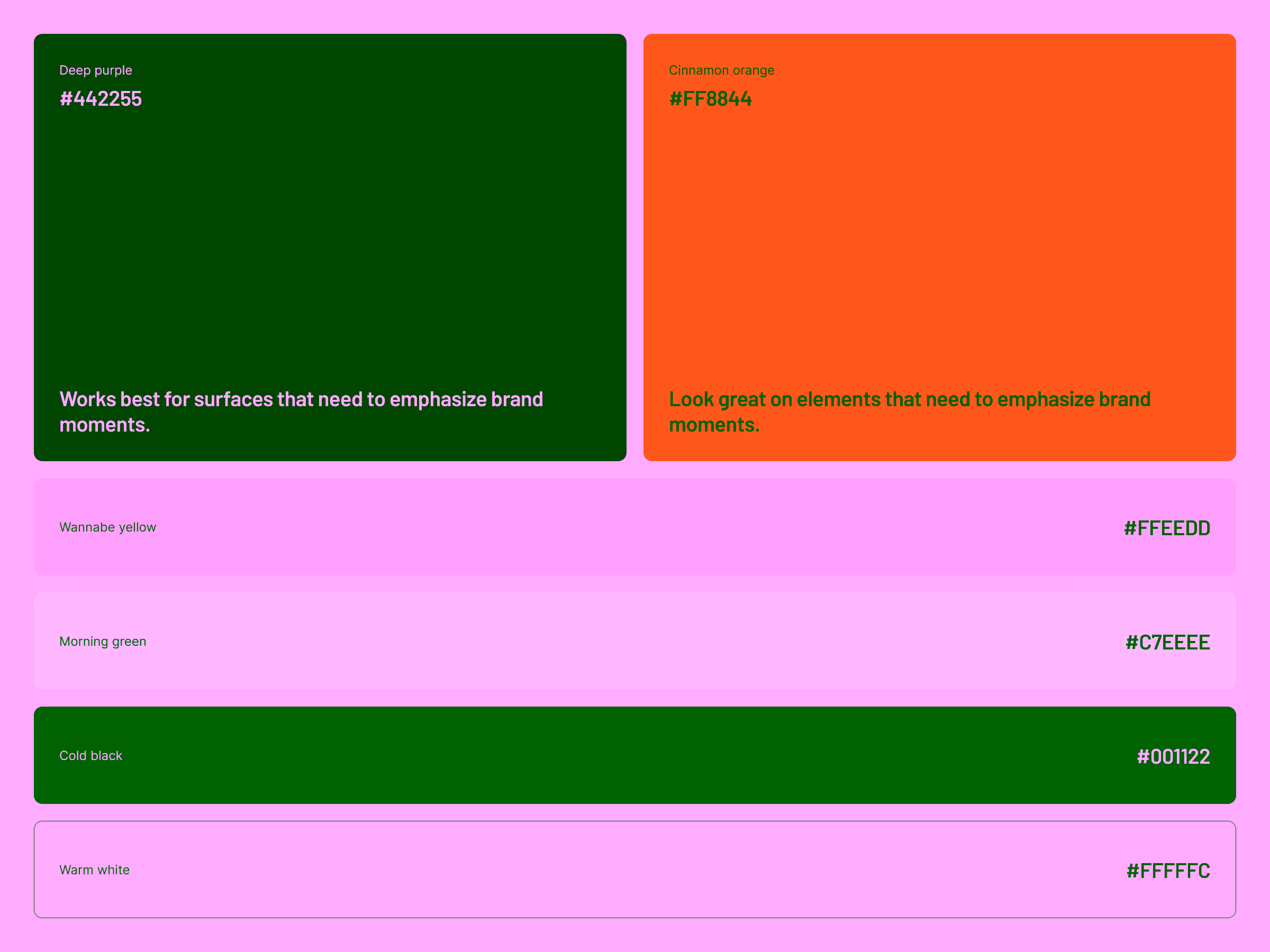 Color palette featuring deep purple #442255 with brand emphasis text, cinnamon orange #FF8844 with emphasis text, wannabe yellow #FFEEDD, morning green #C7EEEE, cold black #001122, and warm white #FFFFFC.