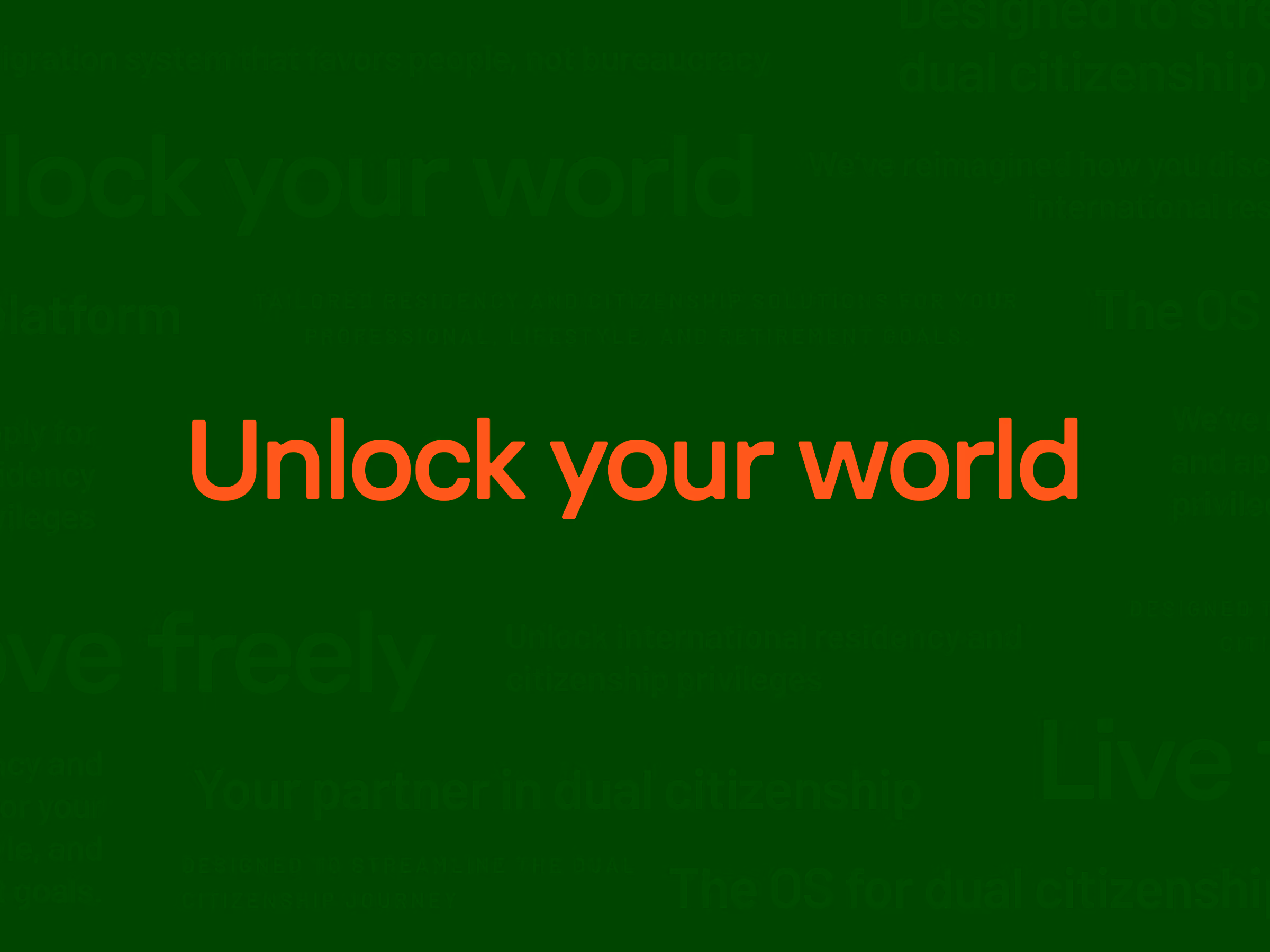 Orange text saying 'Unlock your world' on a dark purple background with faint related phrases about dual citizenship and residency.