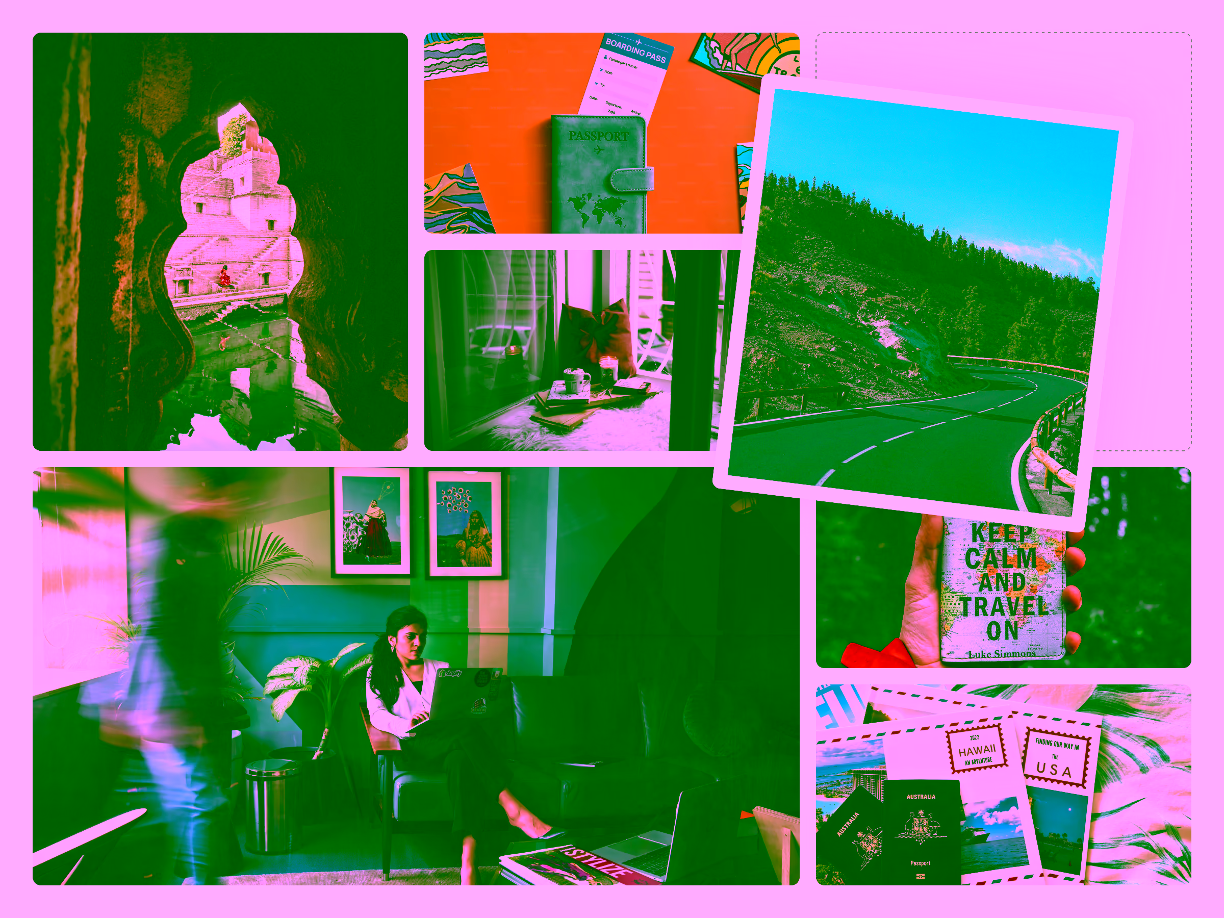 Collage of travel-themed images including a historic stone structure with water, a passport with boarding pass, a cozy window seat with candles and coffee, a winding mountain road, a woman working on a laptop in a colorful room, a hand holding a travel quote, and passports with travel brochures.