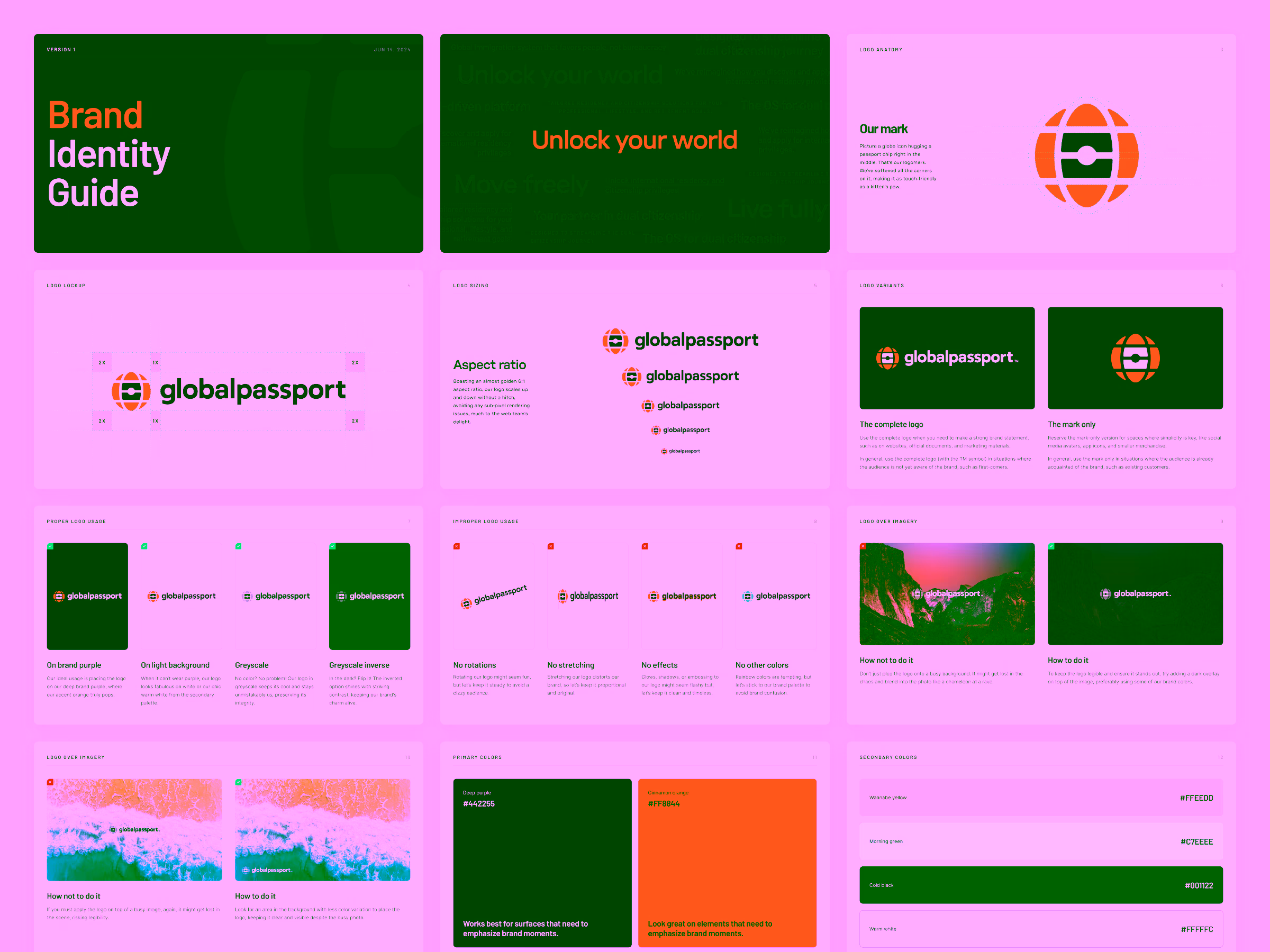 Brand identity guide pages showing logo anatomy, proper and improper logo usage, logo sizing, color palette, and logo placement examples for Global Passport.
