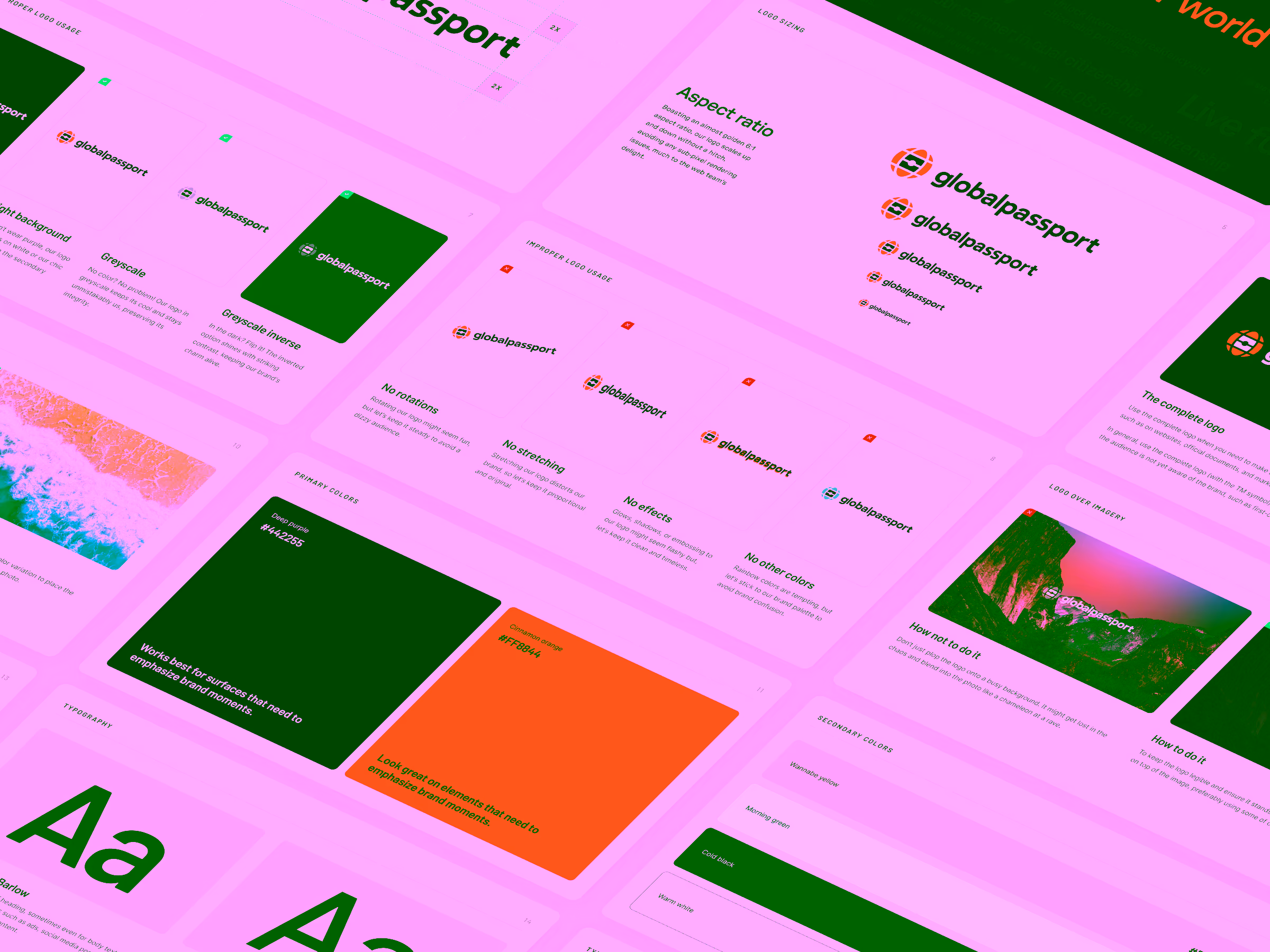 Design style guide pages featuring globalpassport logo usage, aspect ratio guidelines, improper logo uses, color swatches in deep purple and cinnamon orange, typography examples, and logo placement on imagery.