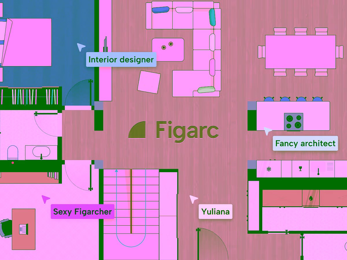 Top-down view of a modern apartment floor plan with labeled areas for Interior designer, Fancy architect, Sexy Figarcher, and Yuliana.