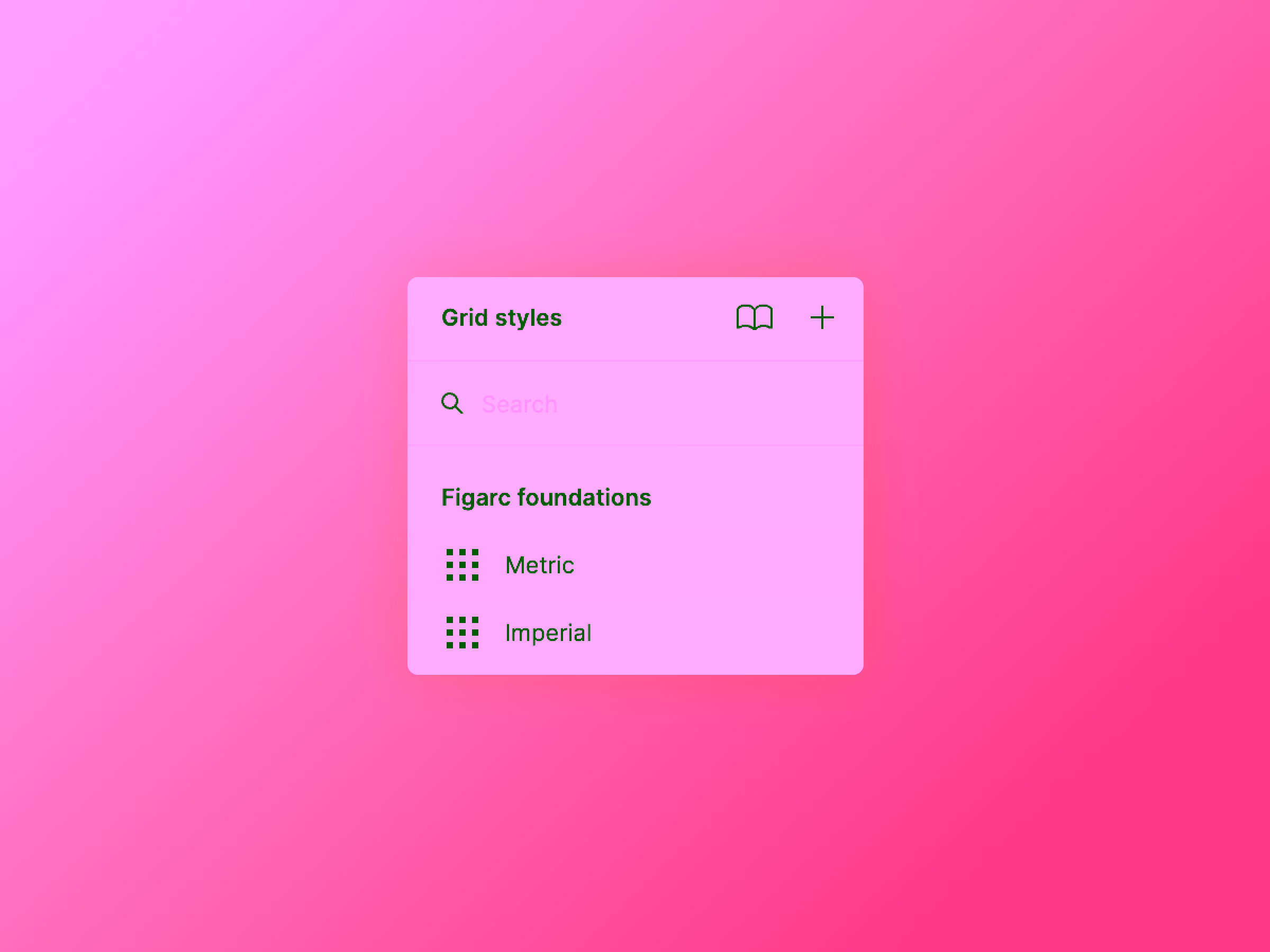User interface panel titled Grid styles with options for Metric and Imperial under Figarc foundations, and a search bar.