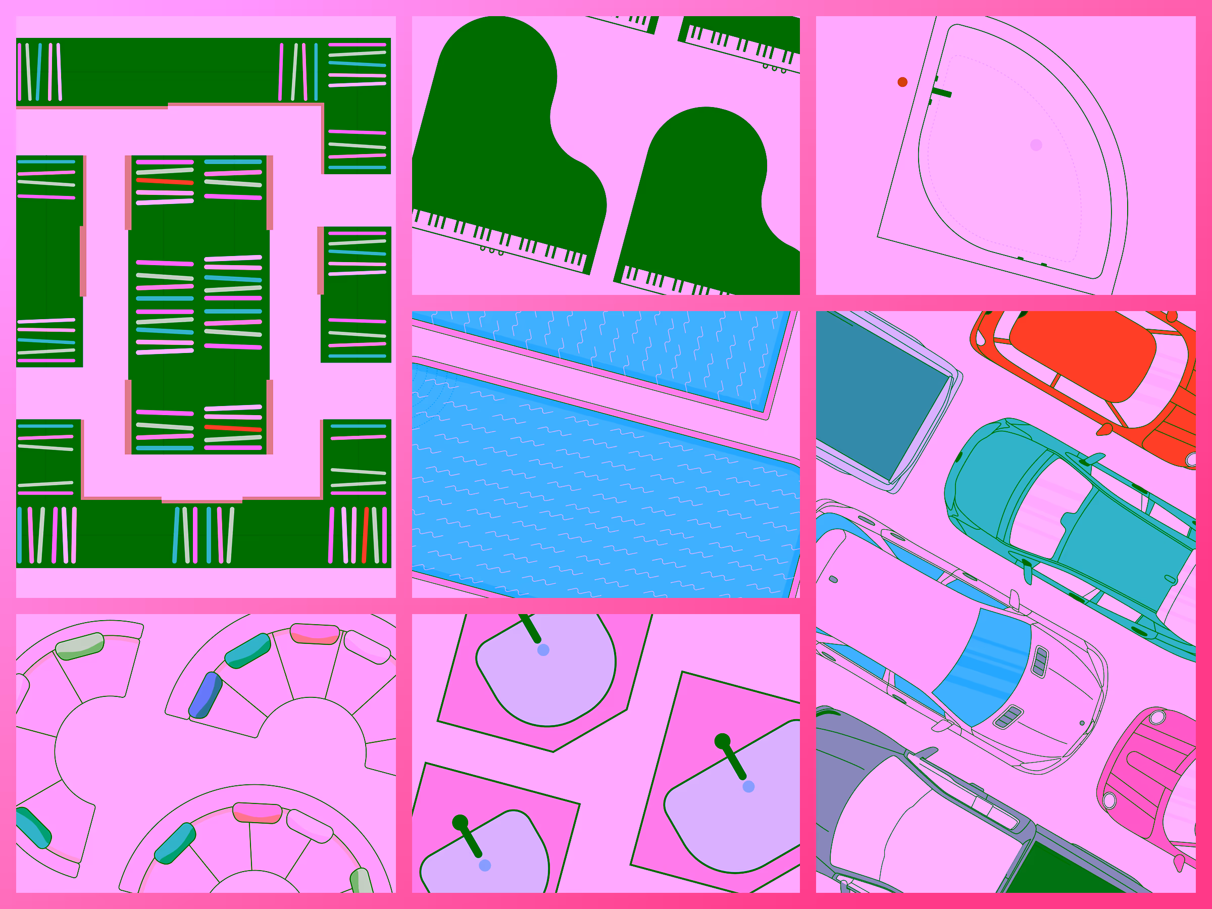 Top-down illustrations of various objects including grand pianos, a swimming pool, parked cars, bookshelves, circular seating arrangements, and square water fountains.