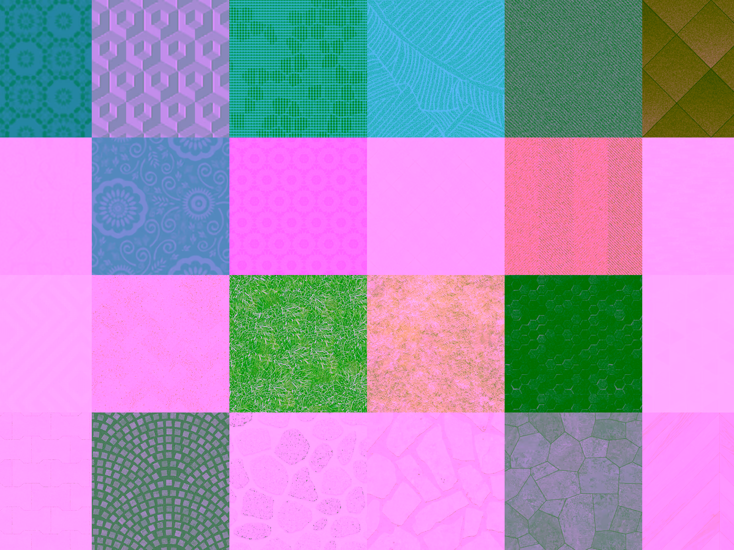 Grid of 24 square samples showing various textures and patterns including fabric, grass, stone, tile, and wood in different colors and designs.