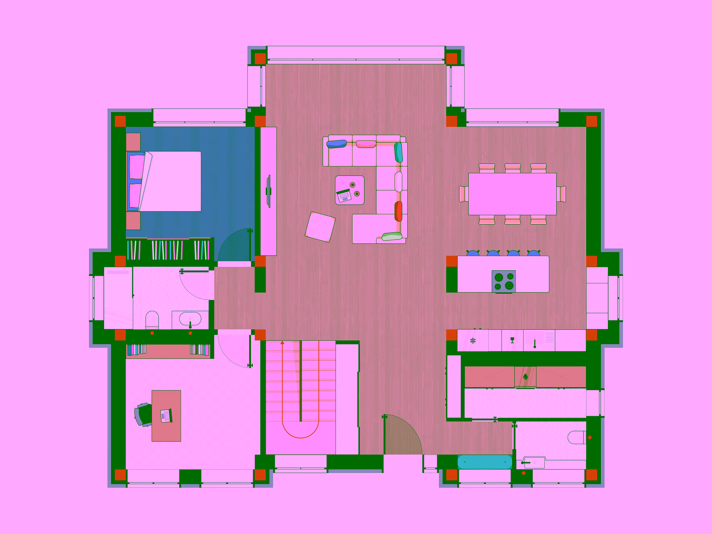 Top-down floor plan of a home showing a living area with sectional sofa, dining table with chairs, kitchen with island and stools, bedroom, two bathrooms, office, and stairway.