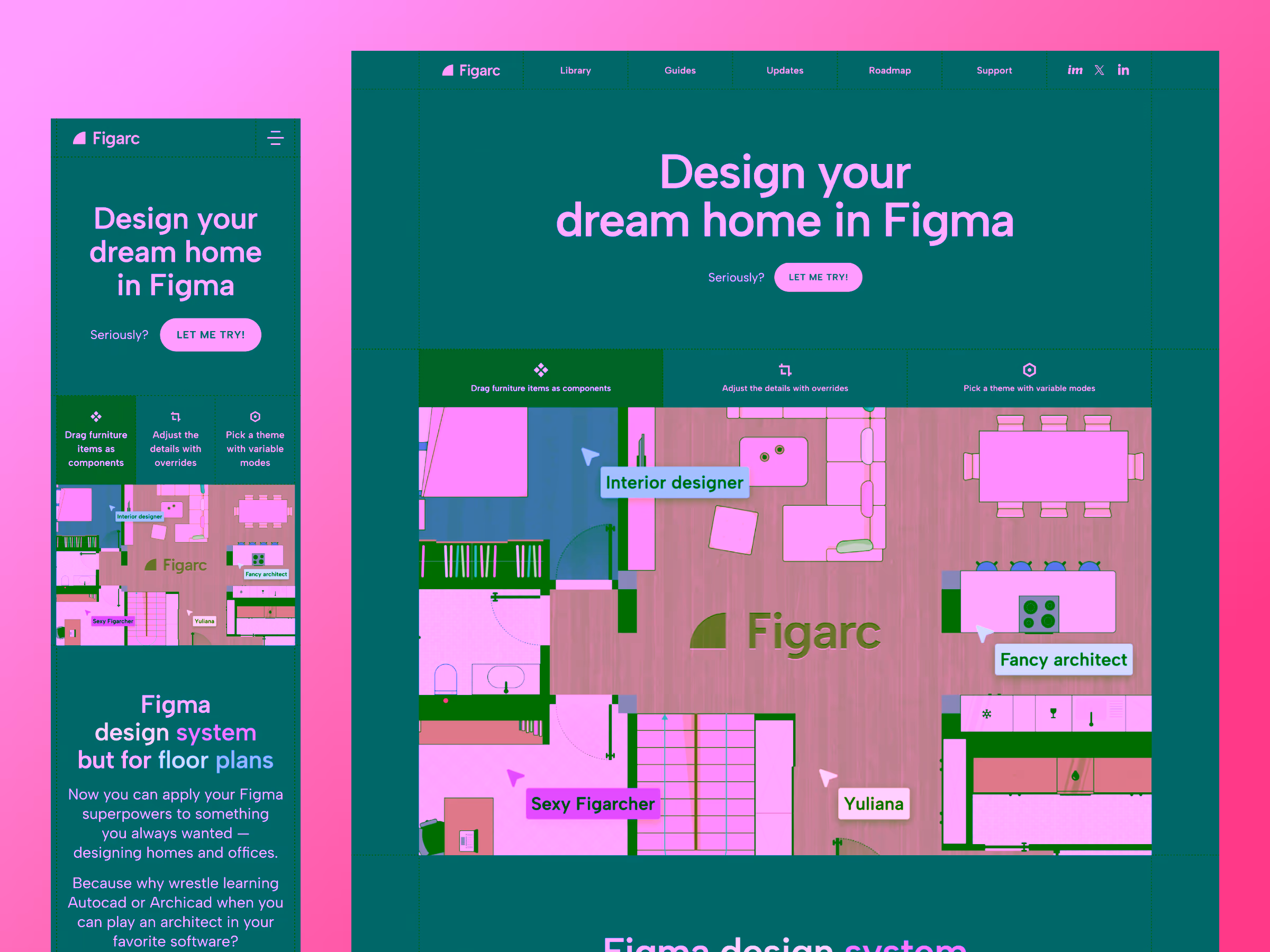 Website screenshot showing a floor plan design tool in Figma with labeled roles: Interior designer, Fancy architect, Sexy Figarcher, and Yuliana.