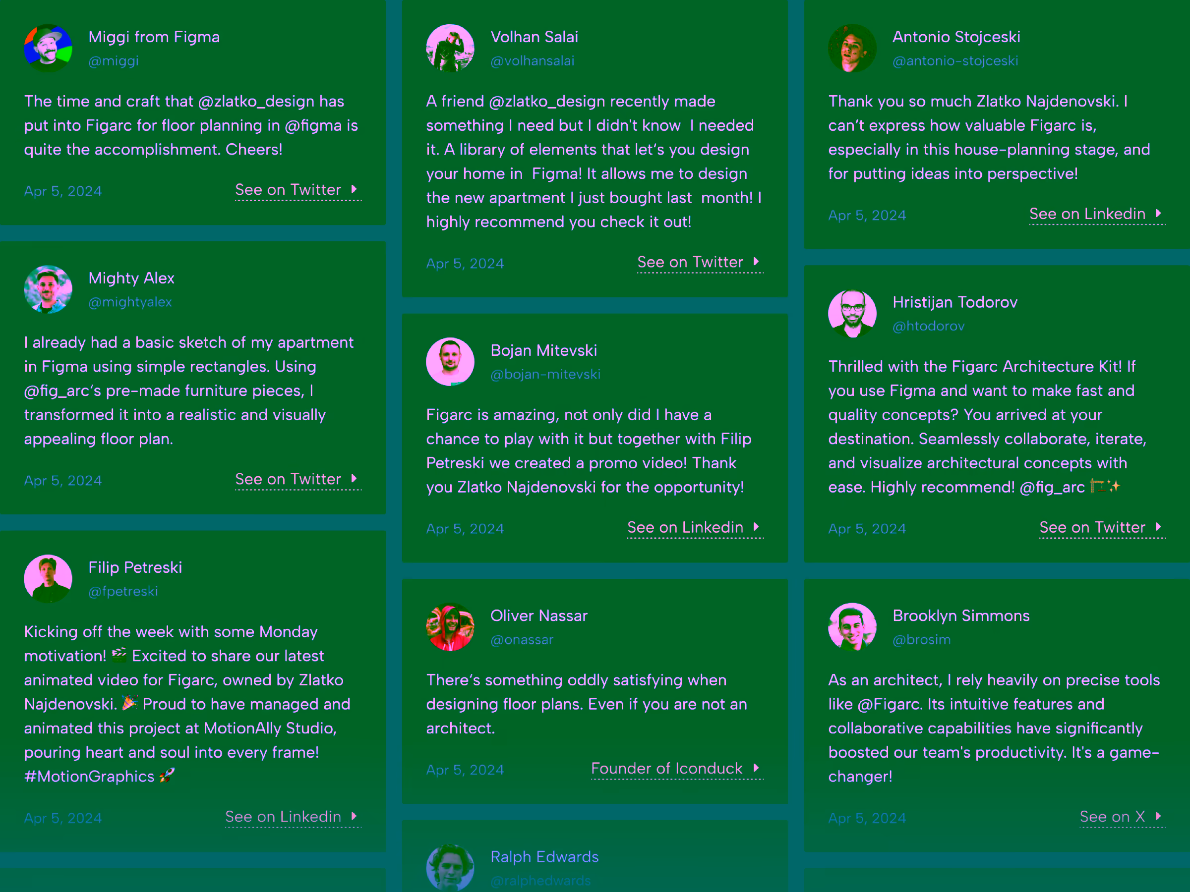 Grid of testimonials from various users praising Figarc floor planning tools and features, each with profile pictures, dates, and social media links.