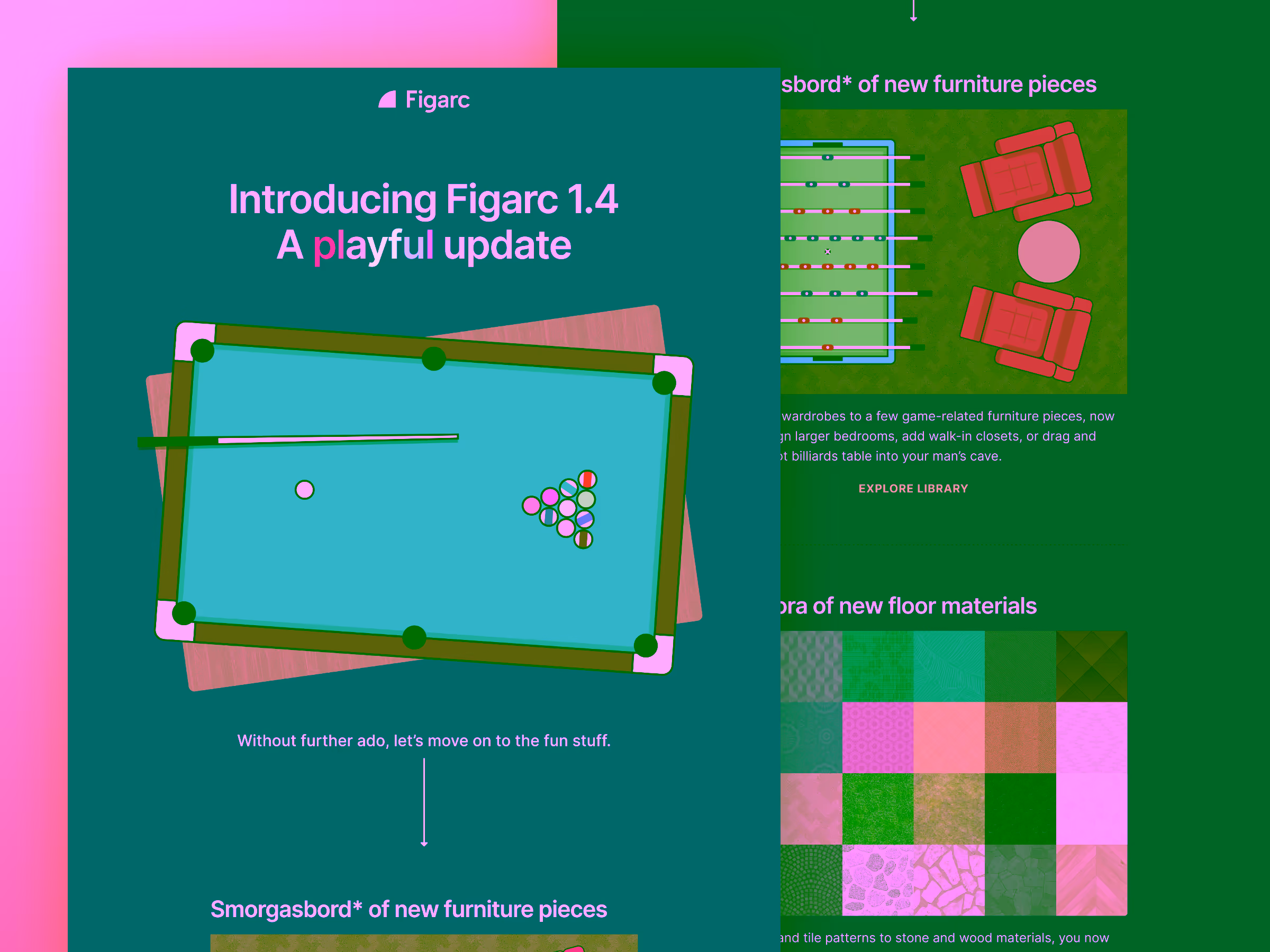 Top view illustration of a billiards table with cue and arranged balls, part of Figarc 1.4 update announcement on a blue background.
