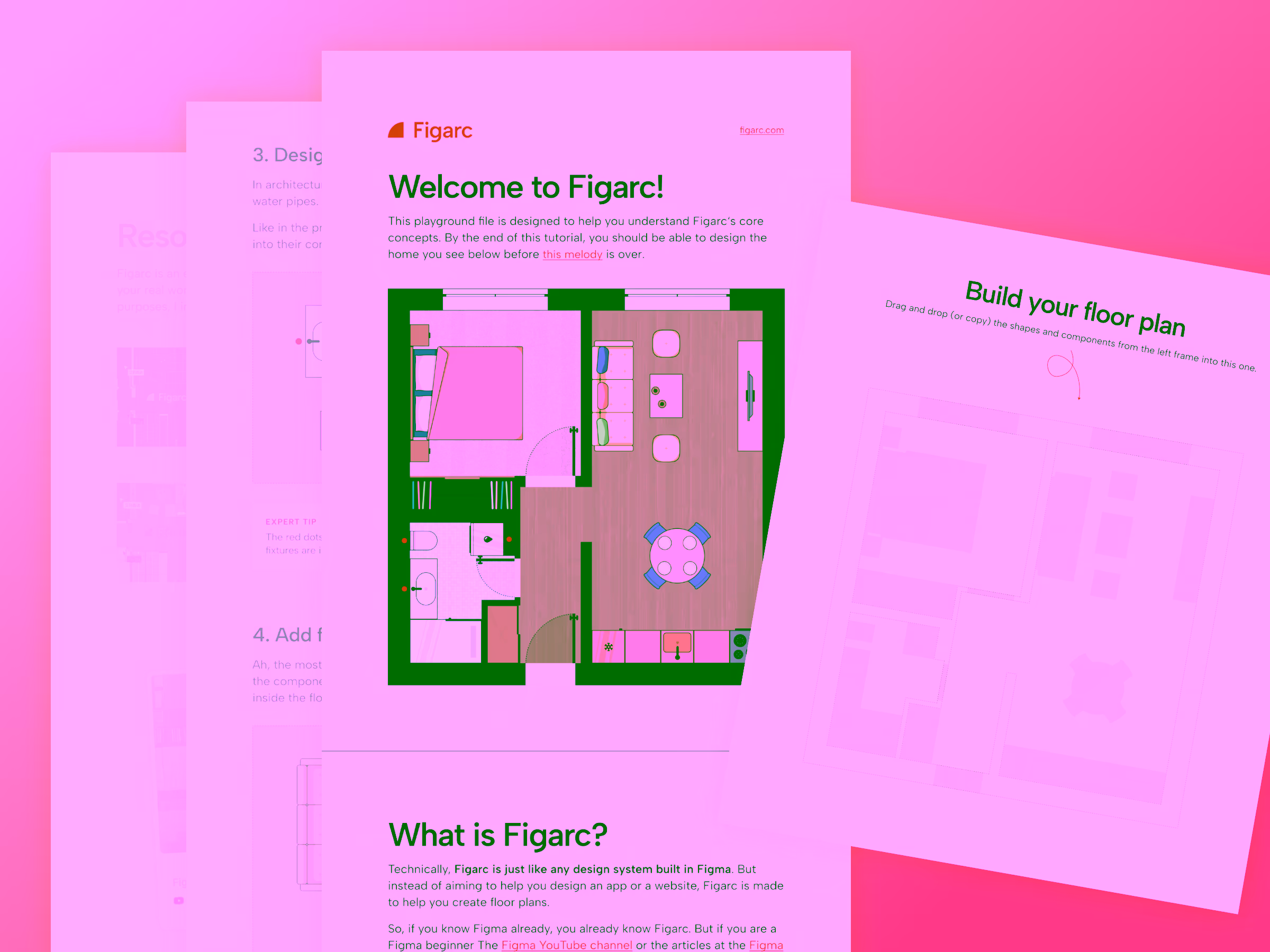 Tutorial pages showing Figarc floor plan design, including a detailed apartment layout and a build-your-floor-plan template.