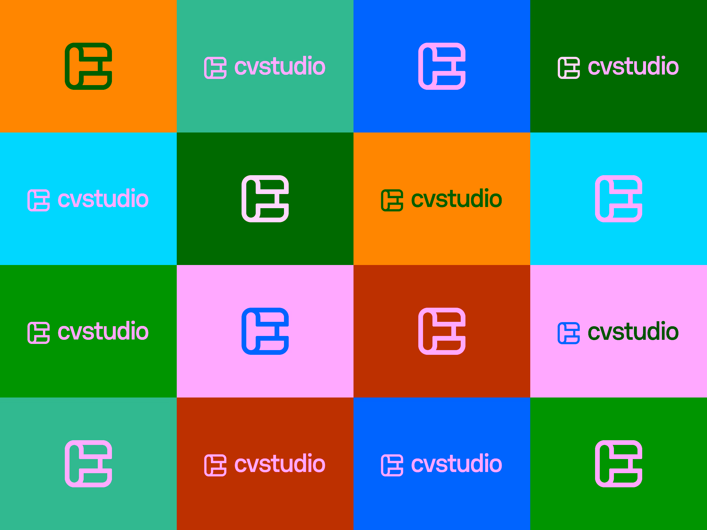 Grid of colorful squares each containing the cvstudio logo with variations in color and layout.