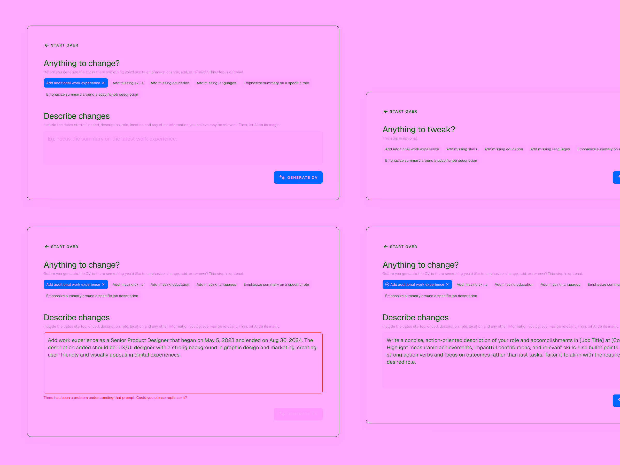 Four screenshots of a CV generation tool interface showing options to add work experience, skills, education, languages, and emphasize summary, with text input boxes for describing changes and a generate CV button.