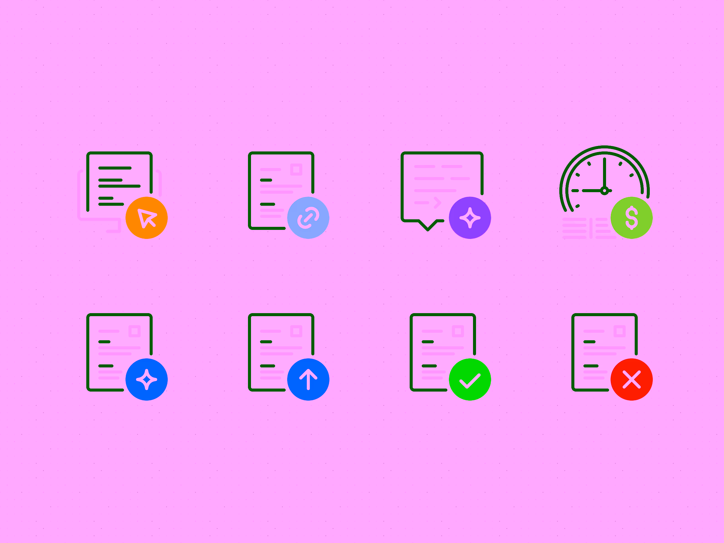 Set of eight document icons with various colored symbols including cursor, link, sparkle, clock with dollar sign, up arrow, checkmark, and cross.